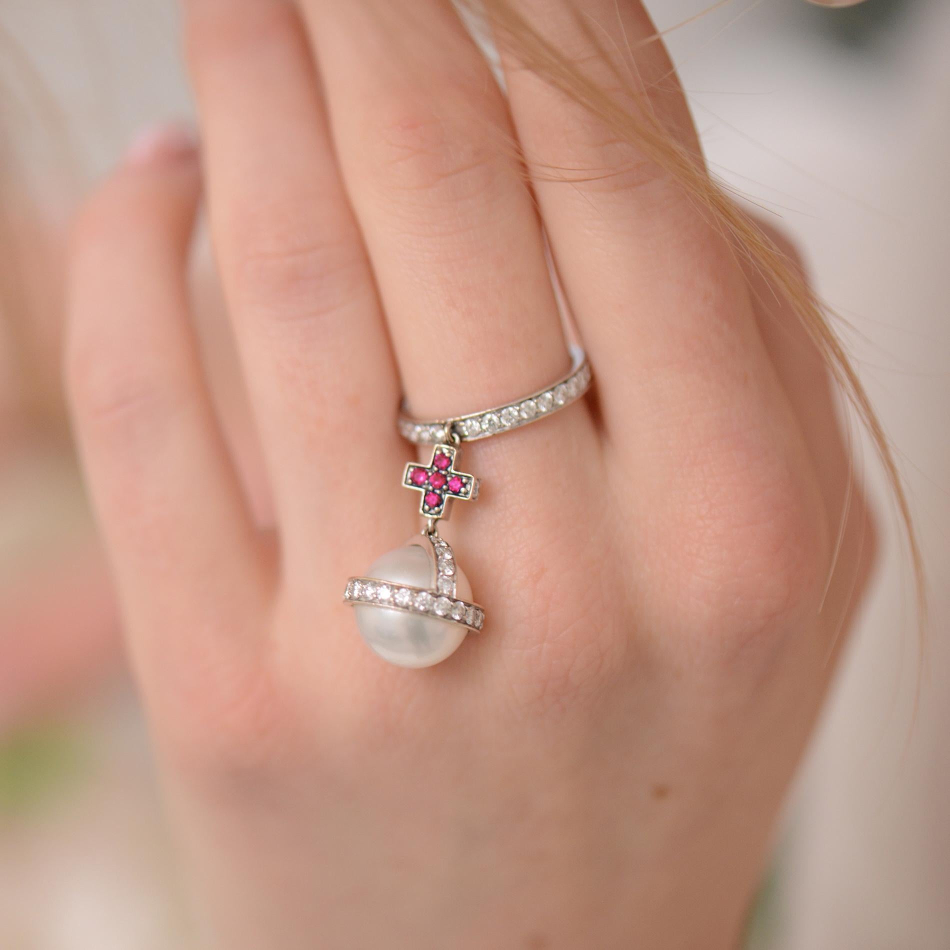 Contemporary Sybarite Sceptre Ring in White Gold with White Diamonds, Rubies & Pearl For Sale