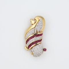1.46 Carat Ruby Diamond Dog Brooch 18K Yellow Gold Animal Pin Fine Jewelry
