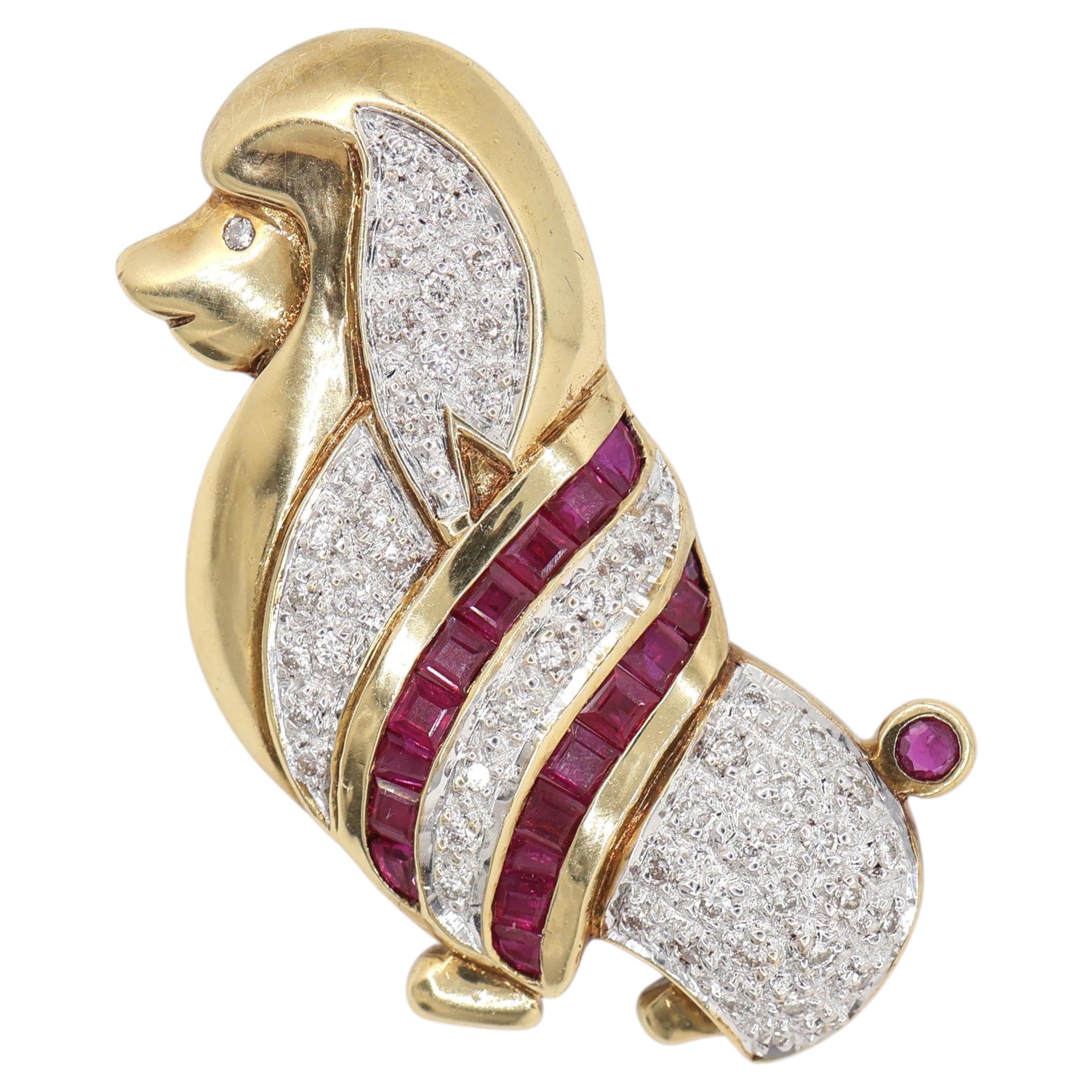 1.46 Carat Ruby Diamond Dog Brooch 18K Yellow Gold Animal Pin Fine Jewelry