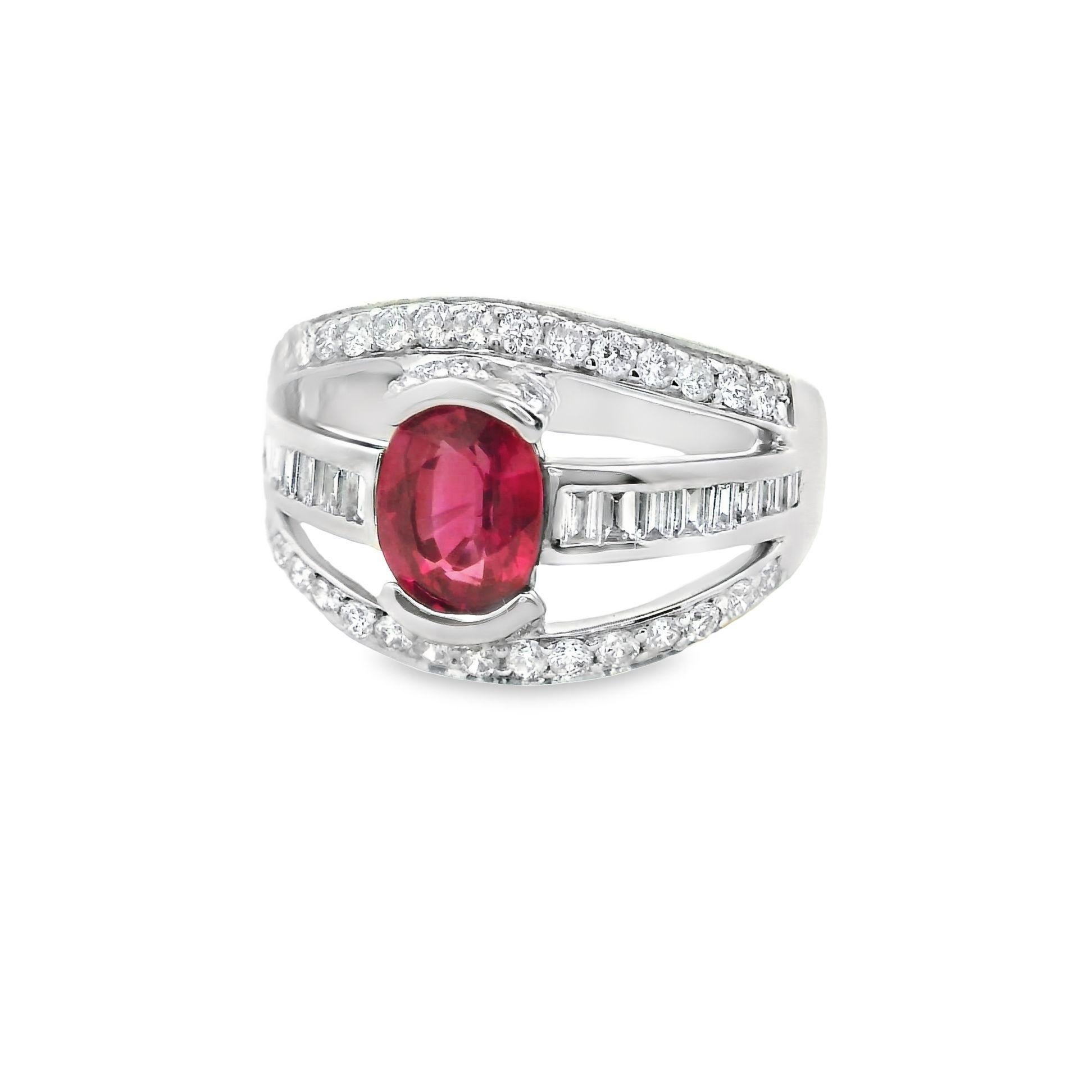 Oval Cut 1.46 Carat Ruby diamond Platinum Band Ring For Sale