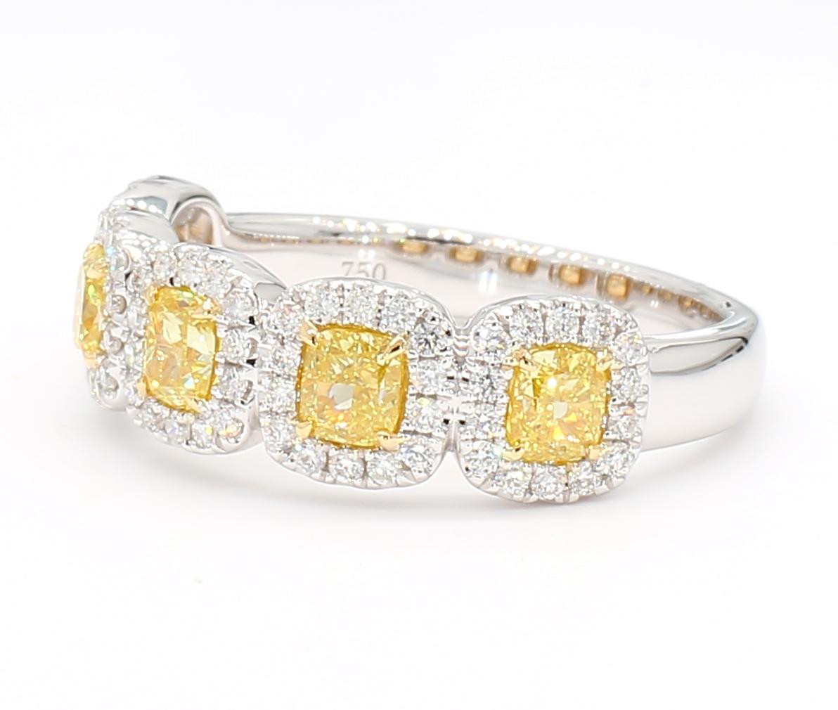 This Fancy Yellow Cushion Cut Half Eternity Ring with a diamond halo is a testament to fine craftsmanship and timeless design. Perfect for those who appreciate the beauty of natural diamonds, this ring offers a balance of luxury and tasteful