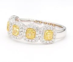 1.46 Carat Total Yellow Diamond Cushion Cut 1/2 Eternity Ring, 18K White Gold