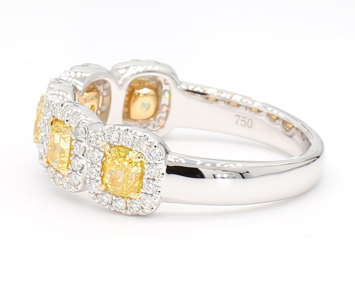 1.46 Carat Total Yellow Diamond Cushion Cut 1/2 Eternity Ring, 18K White Gold In New Condition In New York, NY
