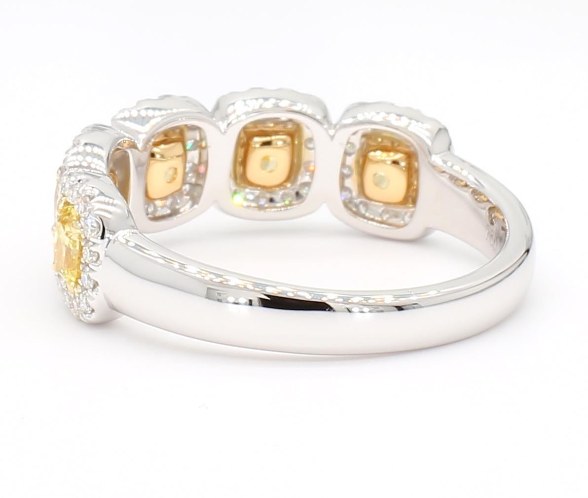 Women's 1.46 Carat Total Yellow Diamond Cushion Cut 1/2 Eternity Ring, 18K White Gold