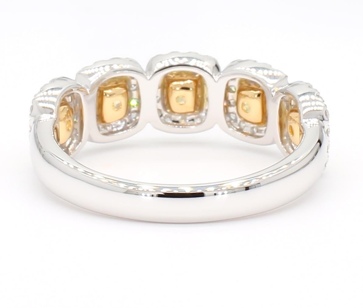 1.46 Carat Total Yellow Diamond Cushion Cut 1/2 Eternity Ring, 18K White Gold 1