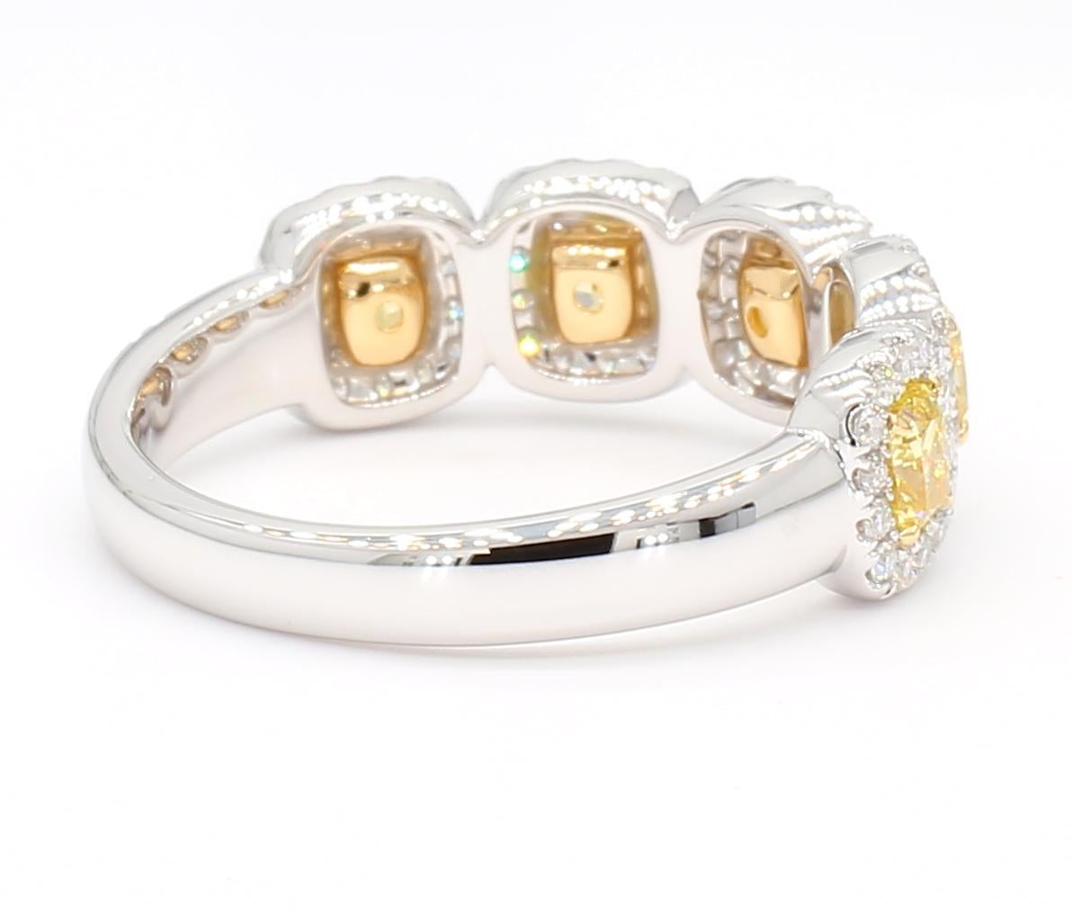 1.46 Carat Total Yellow Diamond Cushion Cut 1/2 Eternity Ring, 18K White Gold 2