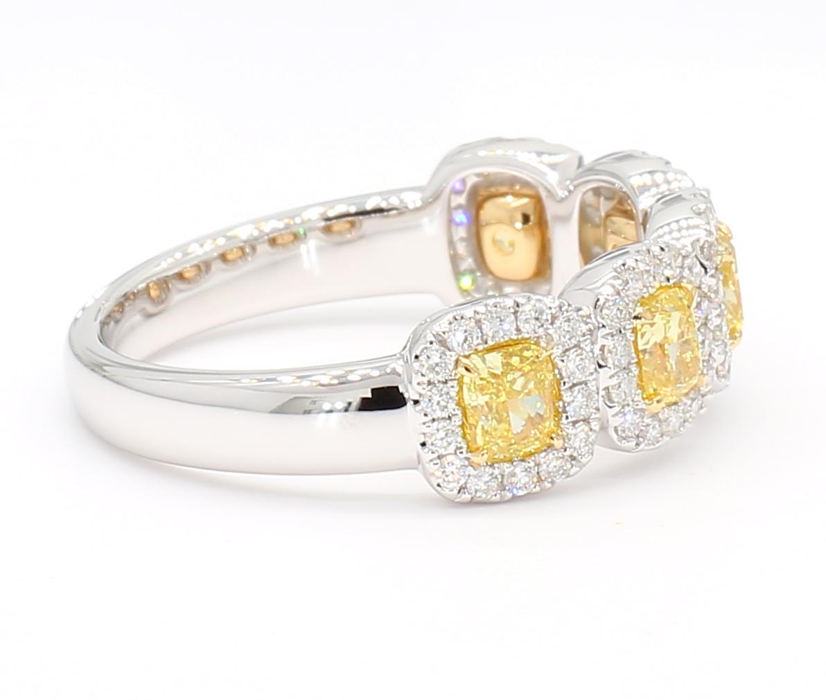 1.46 Carat Total Yellow Diamond Cushion Cut 1/2 Eternity Ring, 18K White Gold 3