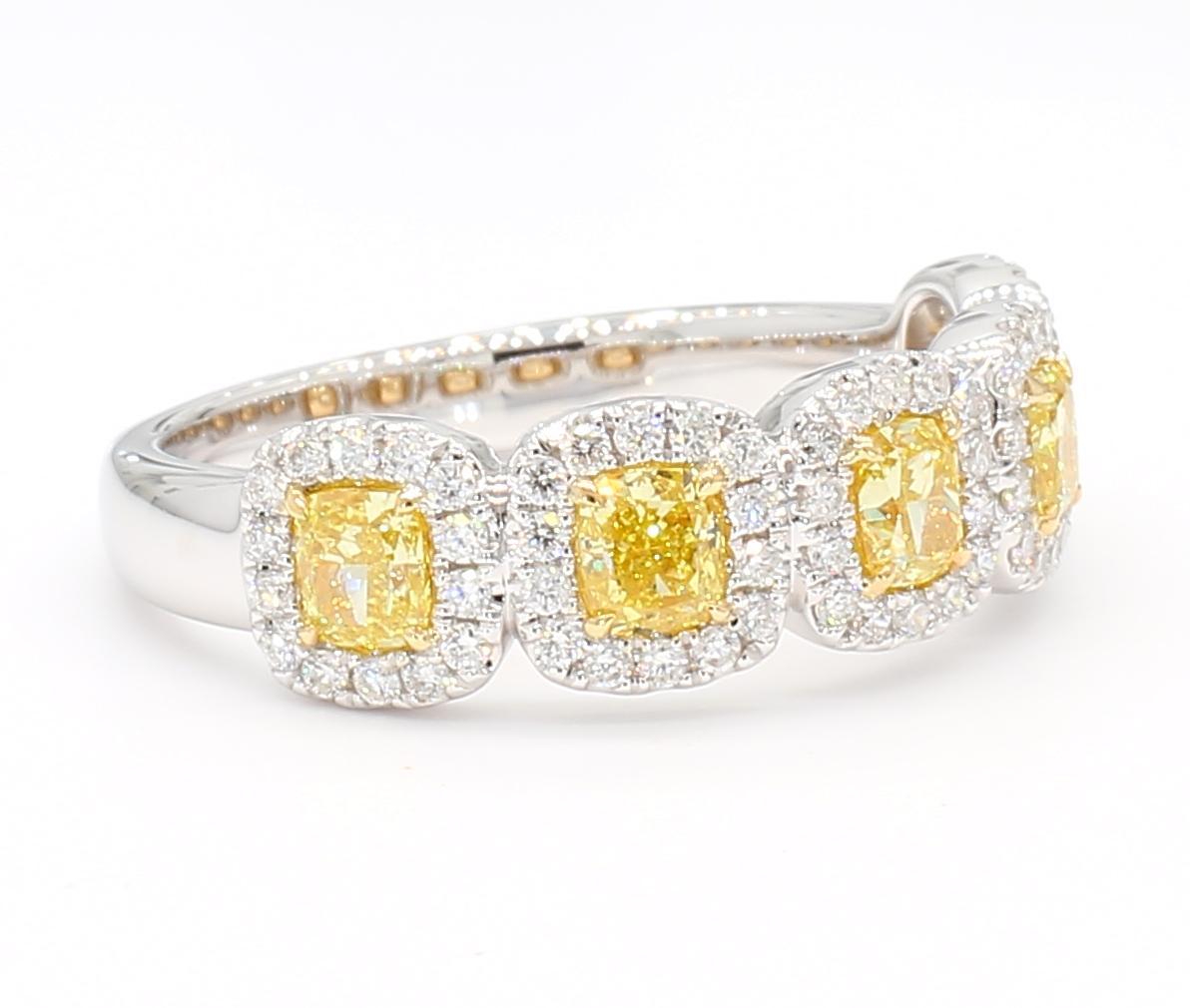 1.46 Carat Total Yellow Diamond Cushion Cut 1/2 Eternity Ring, 18K White Gold 4