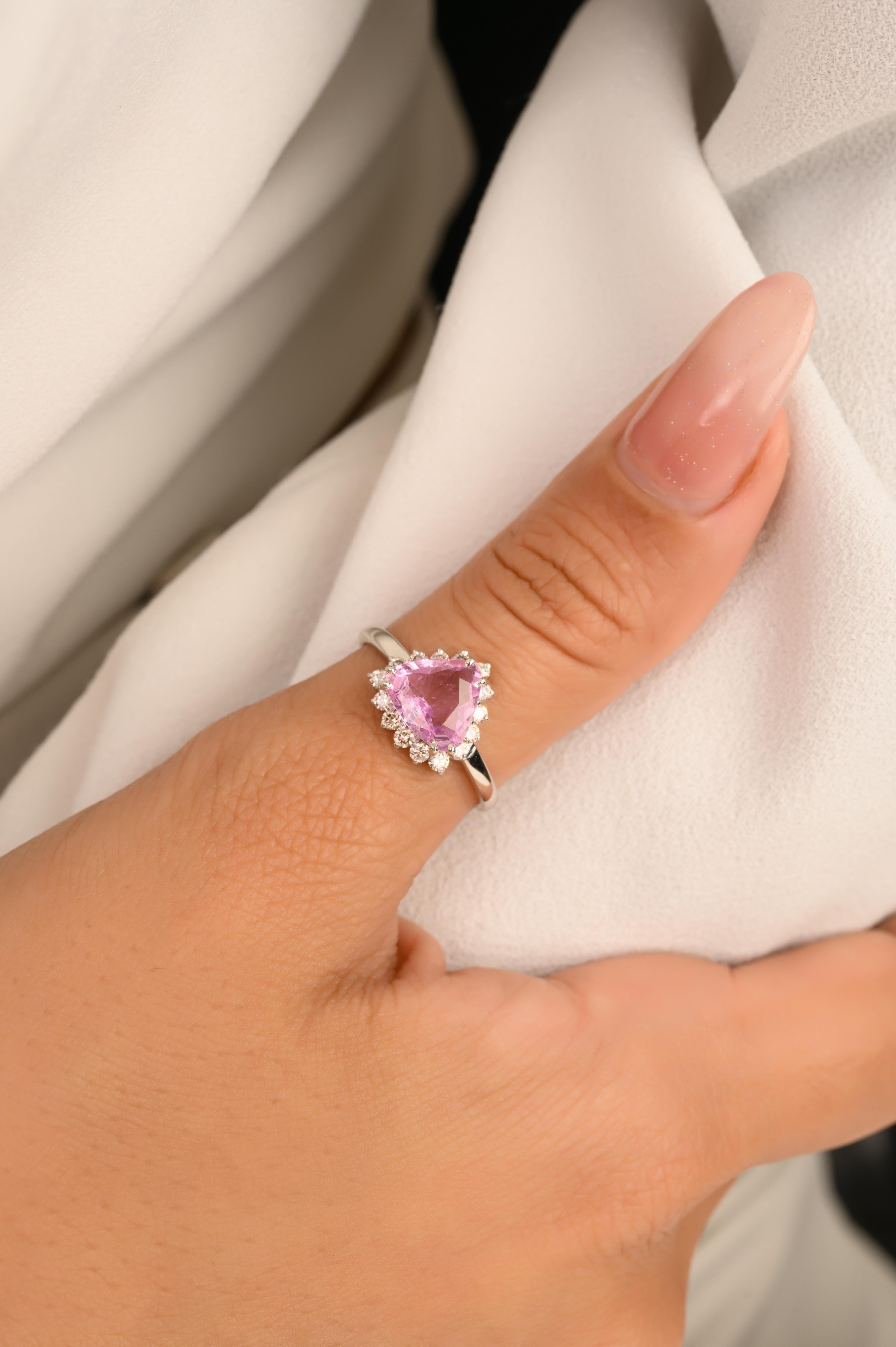For Sale:  1.46 Carat Trillion Pink Sapphire Diamond Halo Engagement Ring in 14k White Gold 2