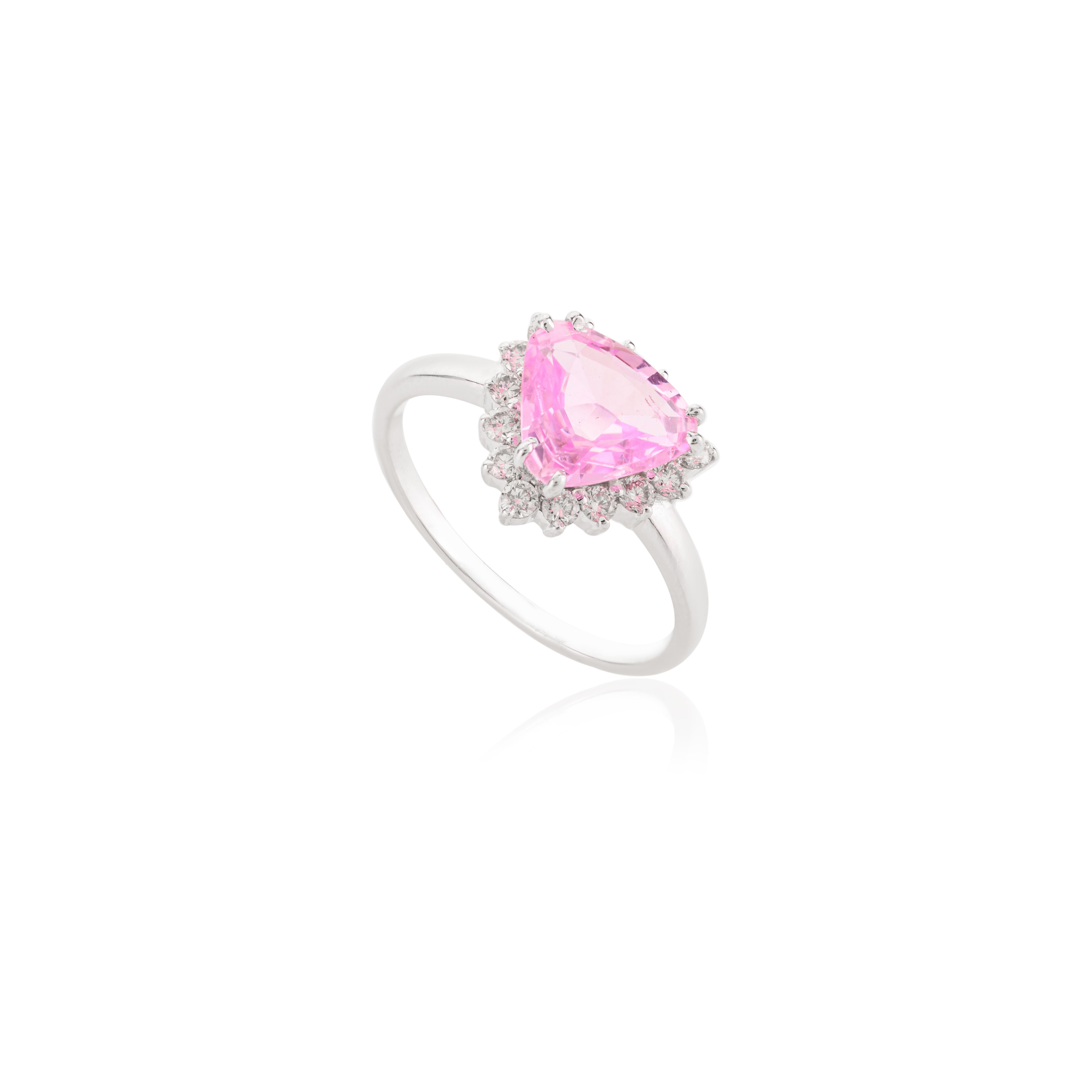 For Sale:  1.46 Carat Trillion Pink Sapphire Diamond Halo Engagement Ring in 14k White Gold 3