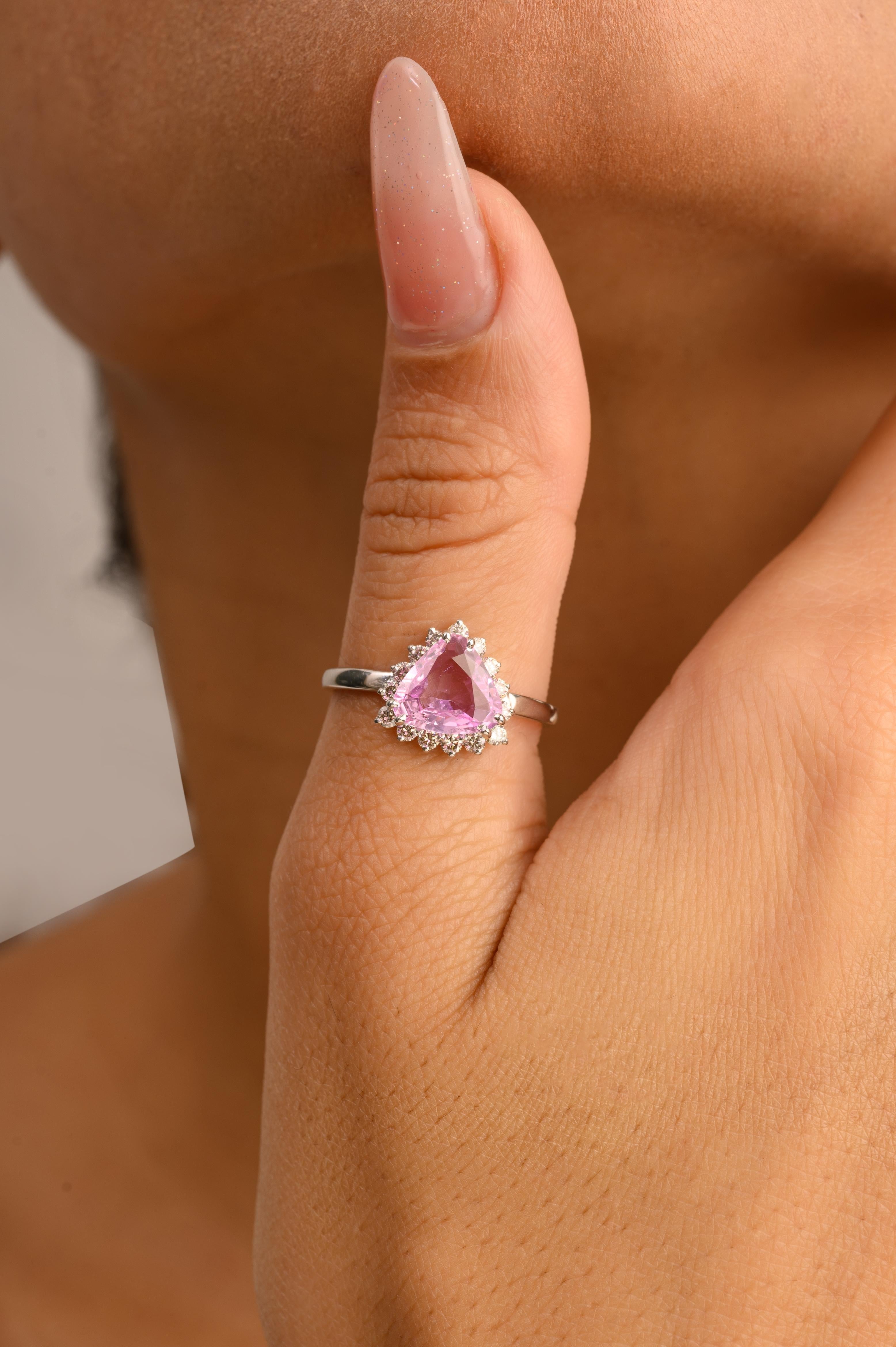 For Sale:  1.46 Carat Trillion Pink Sapphire Diamond Halo Engagement Ring in 14k White Gold 5