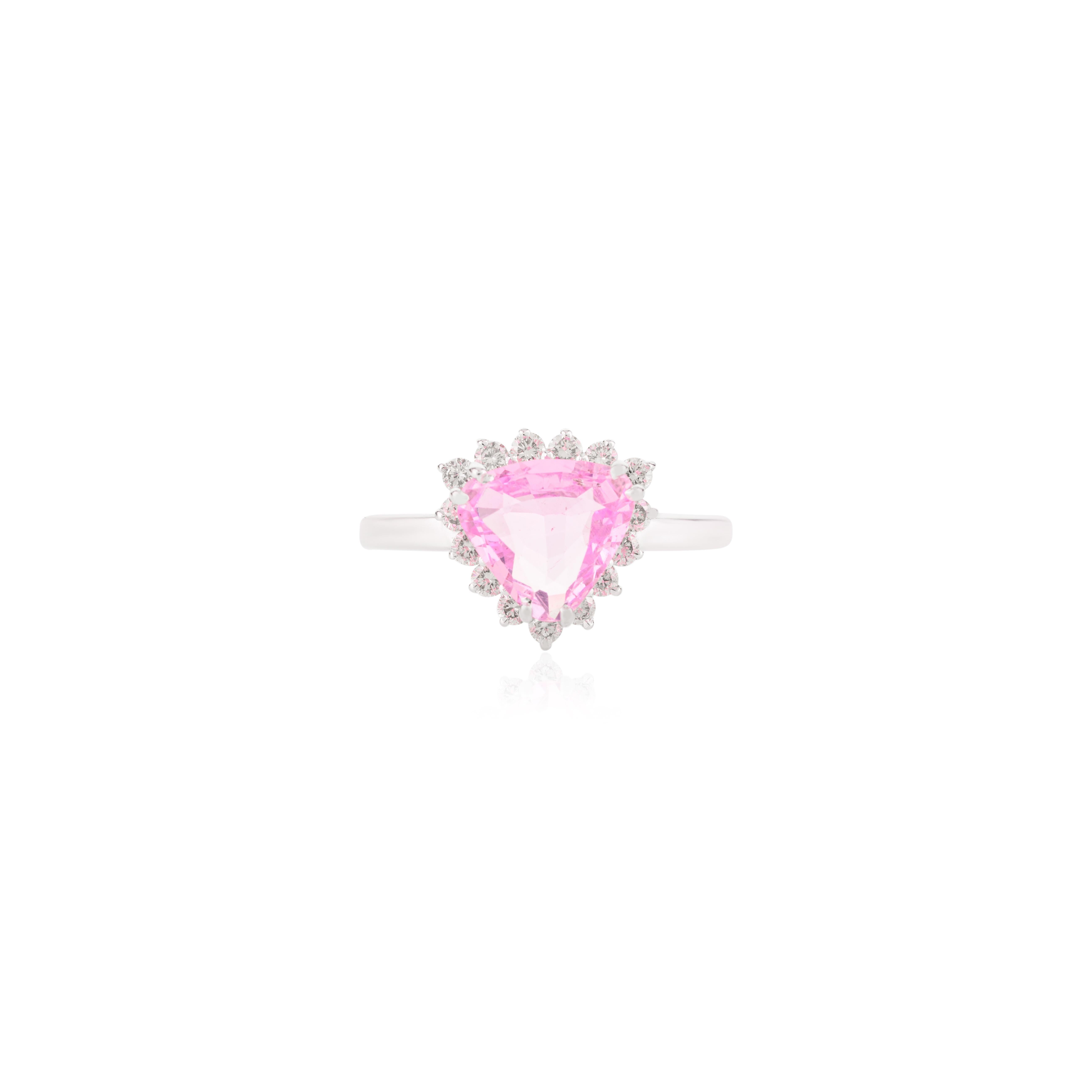 For Sale:  1.46 Carat Trillion Pink Sapphire Diamond Halo Engagement Ring in 14k White Gold 6
