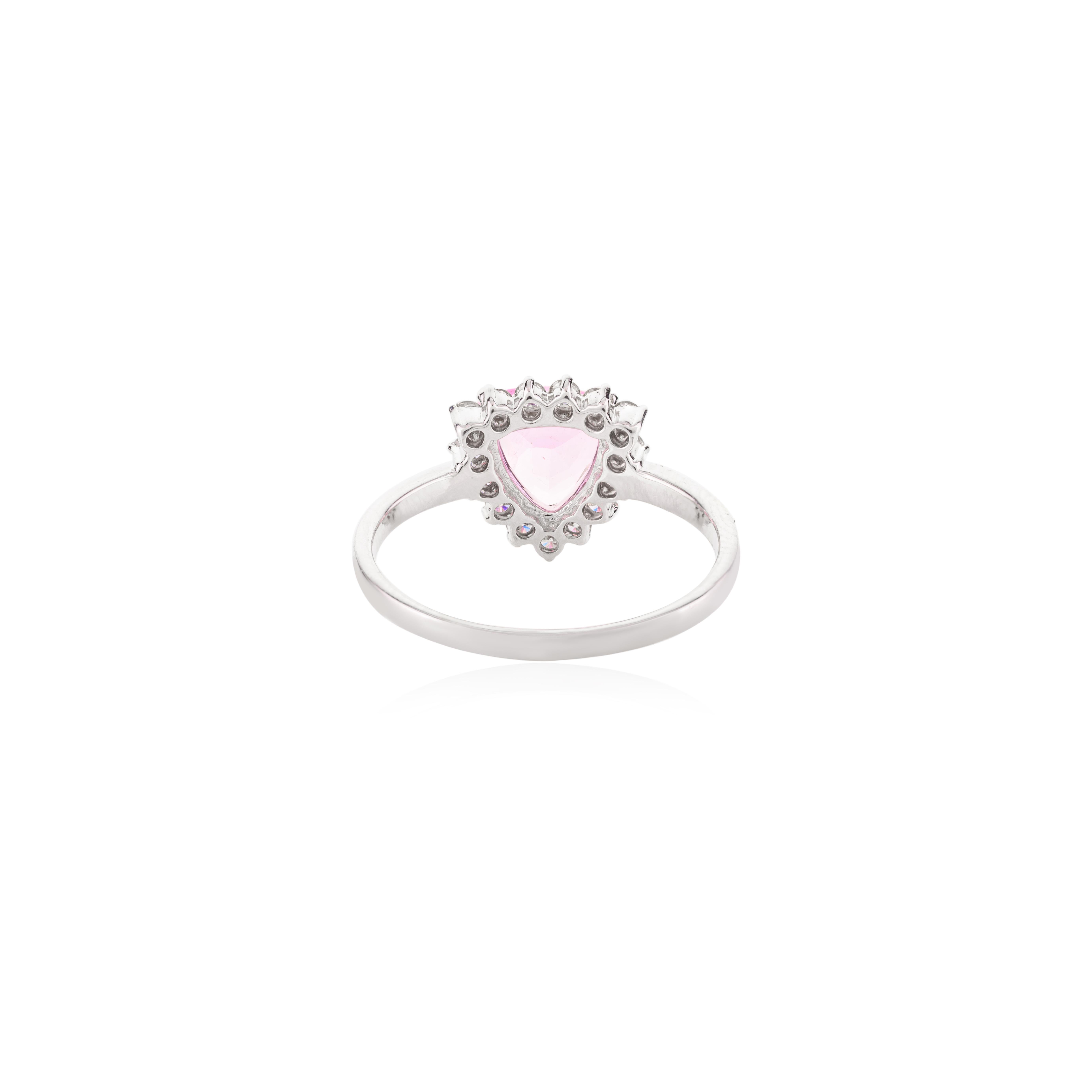 For Sale:  1.46 Carat Trillion Pink Sapphire Diamond Halo Engagement Ring in 14k White Gold 7