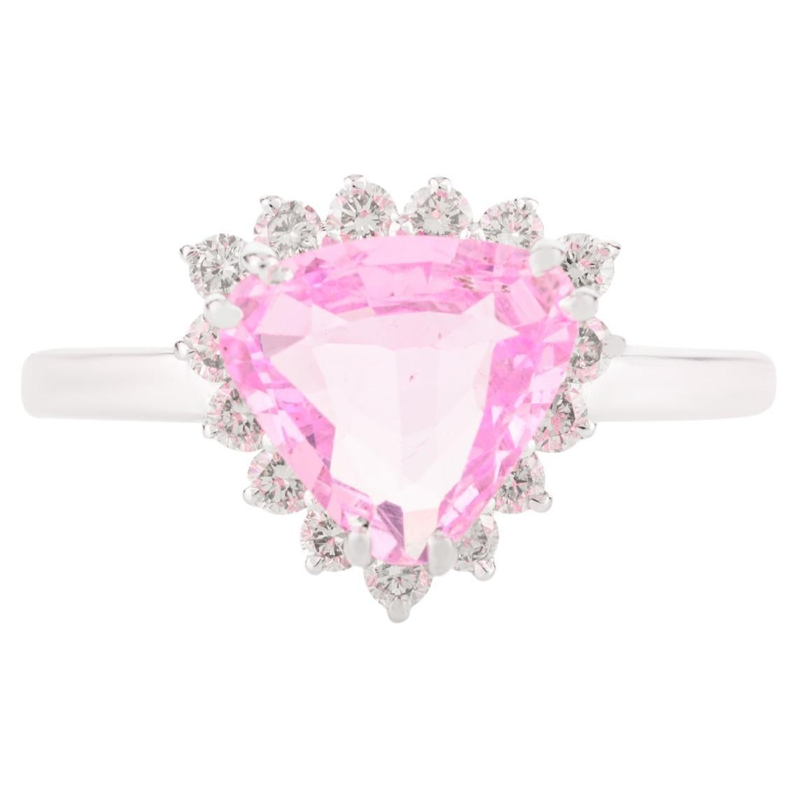 For Sale:  1.46 Carat Trillion Pink Sapphire Diamond Halo Engagement Ring in 14k White Gold