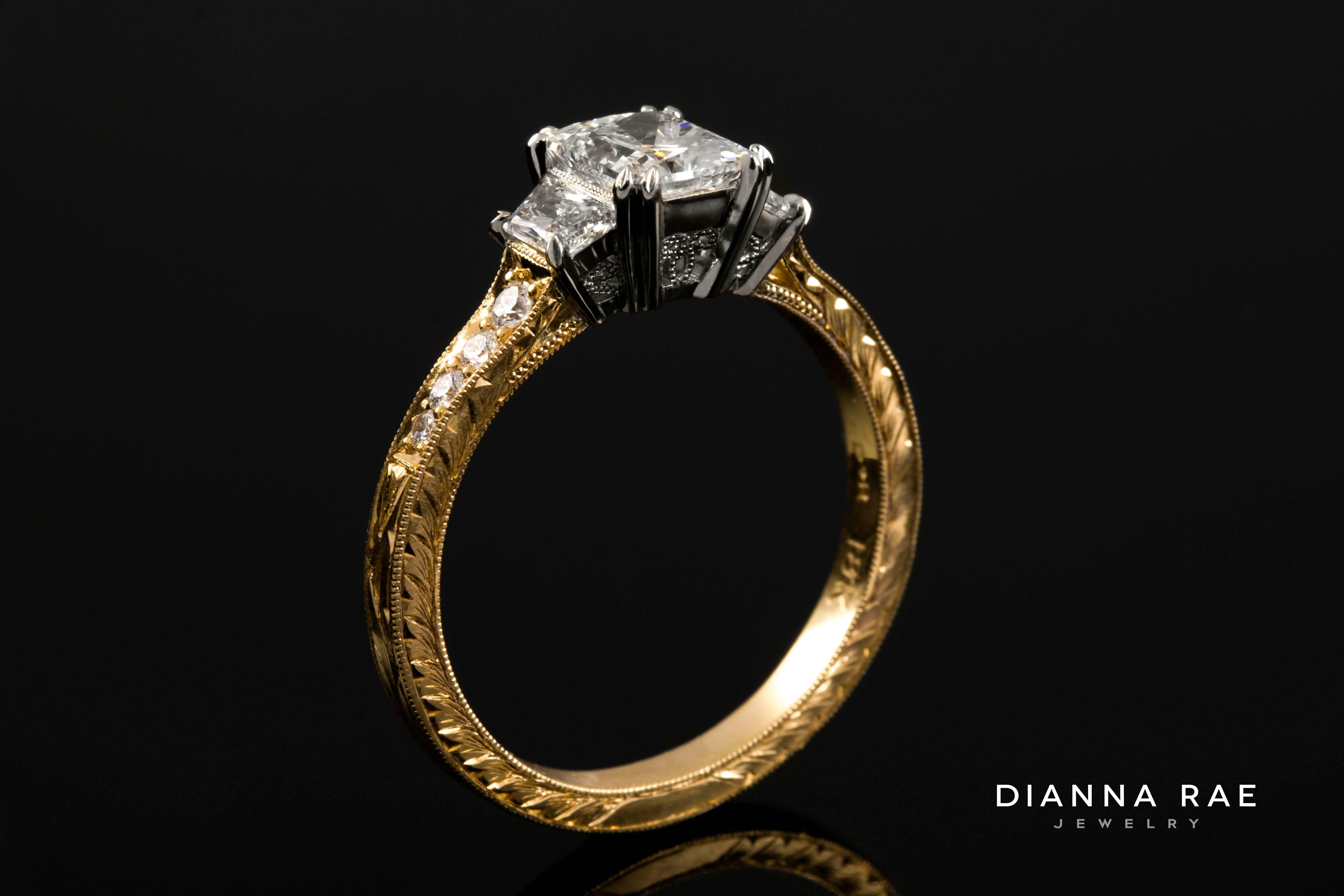 Artisan 1.46 Carat Tw Radiant Diamond Engagement Ring with Hand Engraved 18 Karat Gold