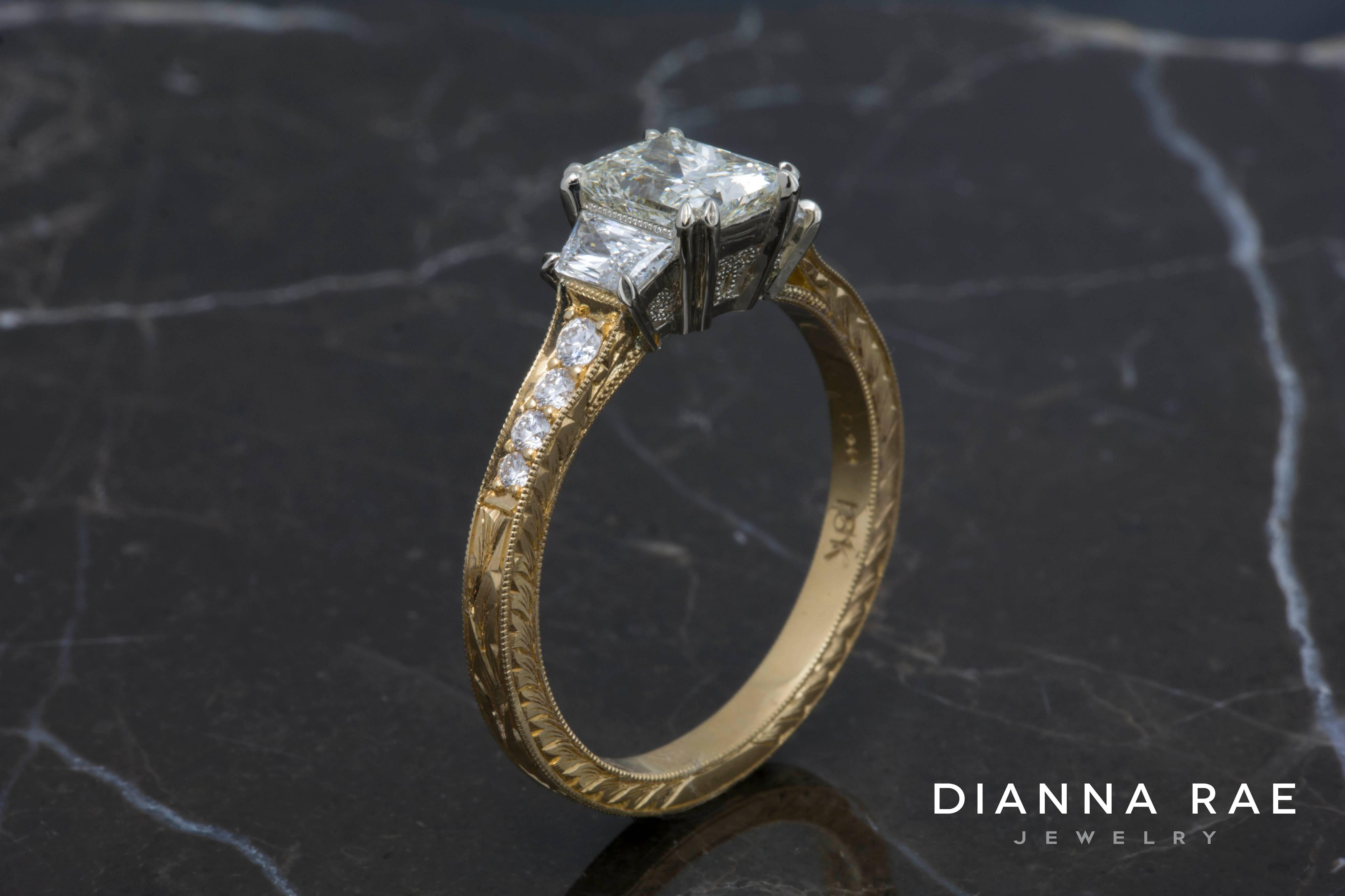 Radiant Cut 1.46 Carat Tw Radiant Diamond Engagement Ring with Hand Engraved 18 Karat Gold