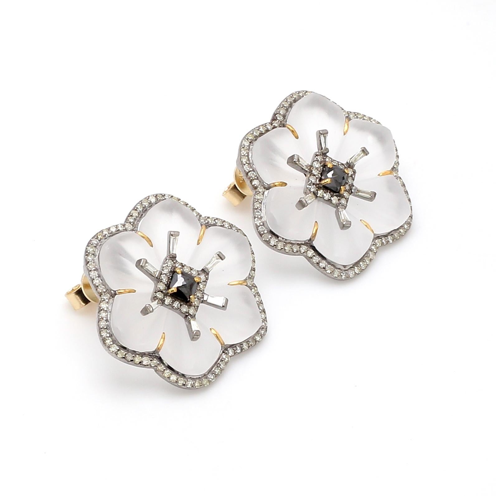 1.46 Carat White Diamond, Black Diamond, and Crystal Flower Stud Earrings 

This Victorian-era impeccable art-deco style clean crystal and diamond stud earring is opulent. The idyllic carved flower-shaped crystal is infamously set in the yellow gold