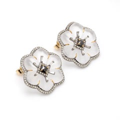 1.46 Carat White Diamond, Black Diamond, and Crystal Flower Stud Earrings