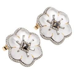 1.46 Carat White Diamond, Black Diamond, and Crystal Flower Stud Earrings