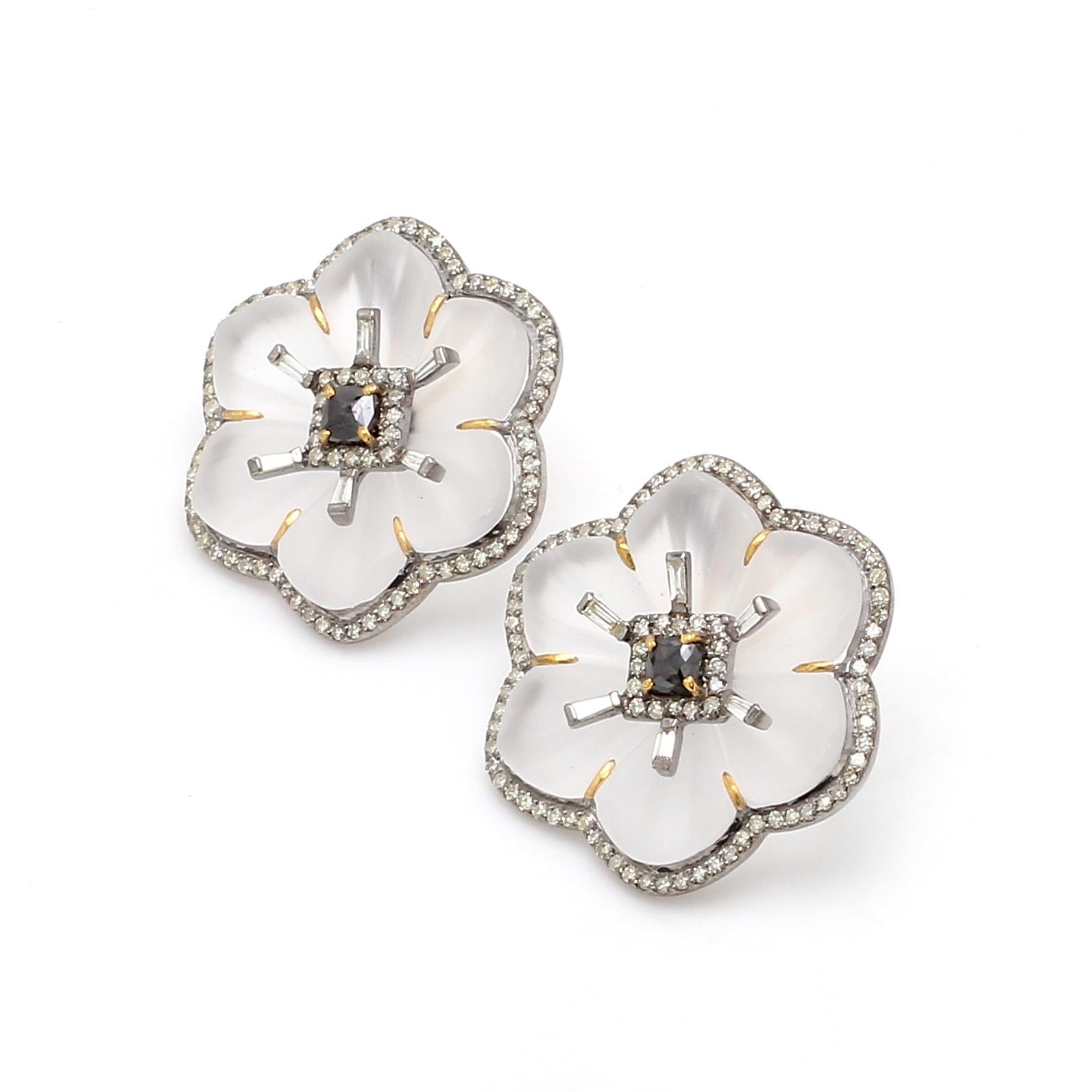 Art Deco 1.46 Carat White Diamond, Black Diamond, and Crystal Flower Stud Earrings For Sale