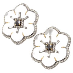1.46 Carat White Diamond, Black Diamond, and Crystal Flower Stud Earrings