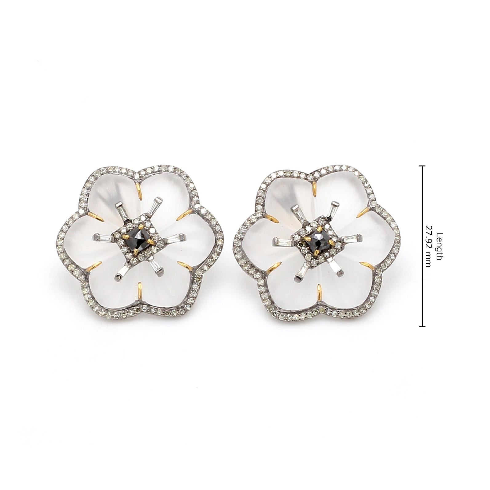 Rose Cut 1.46 Carat White Diamond, Black Diamond, and Crystal Flower Stud Earrings For Sale