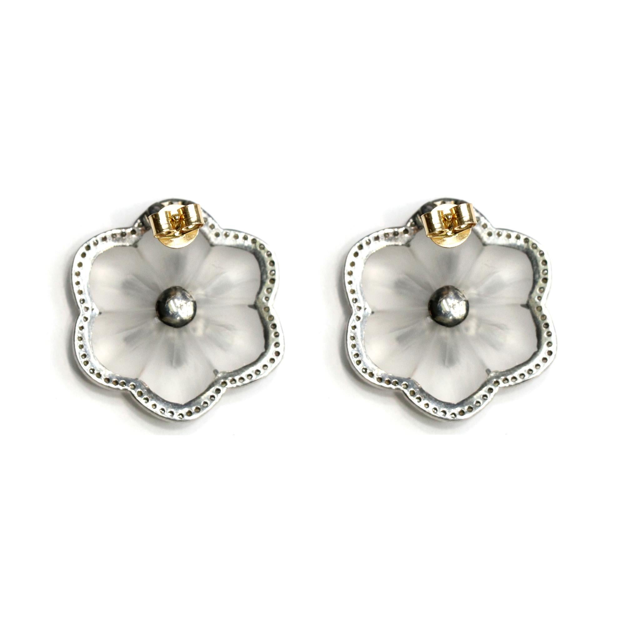 Women's 1.46 Carat White Diamond, Black Diamond, and Crystal Flower Stud Earrings For Sale