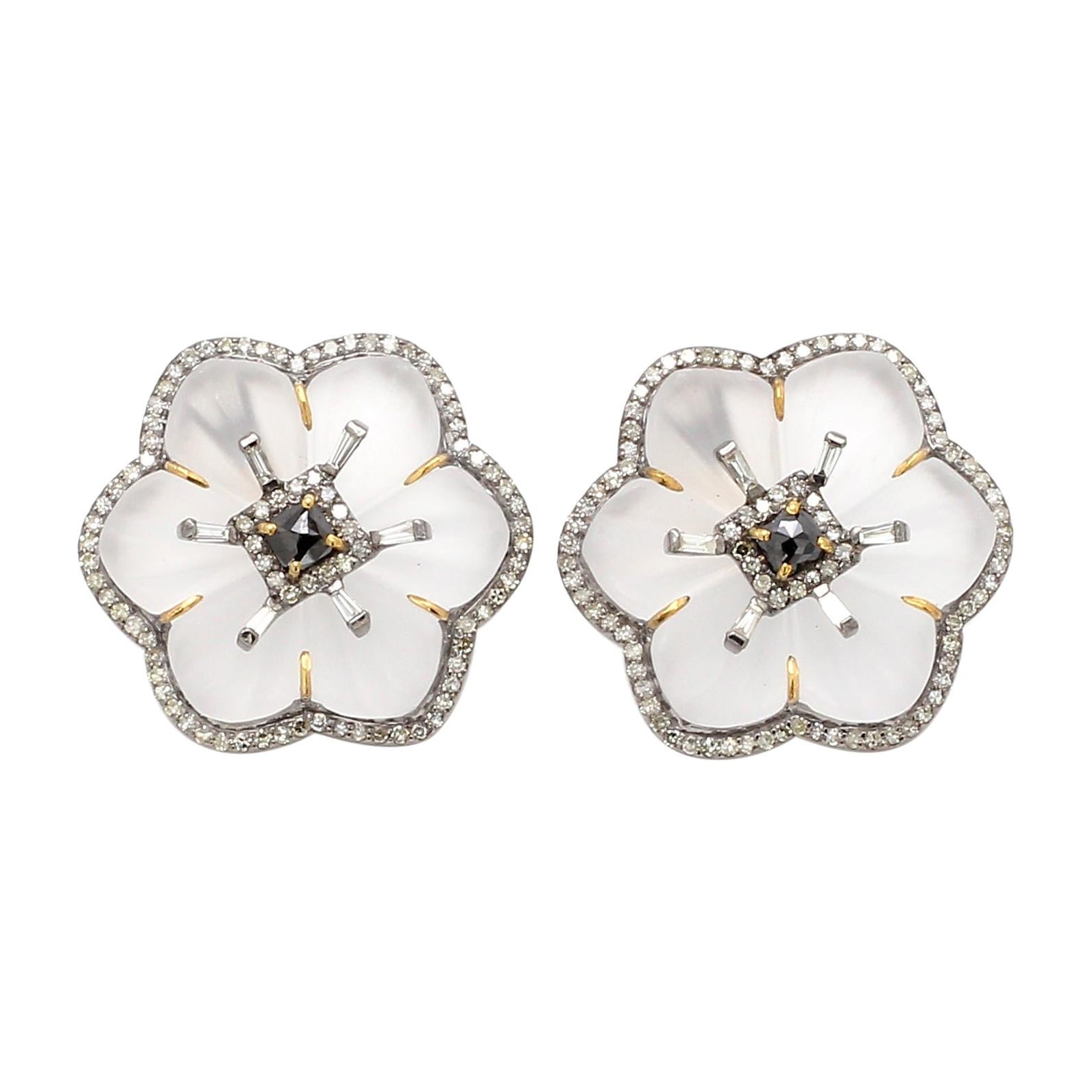 1.46 Carat White Diamond, Black Diamond, and Crystal Flower Stud Earrings For Sale