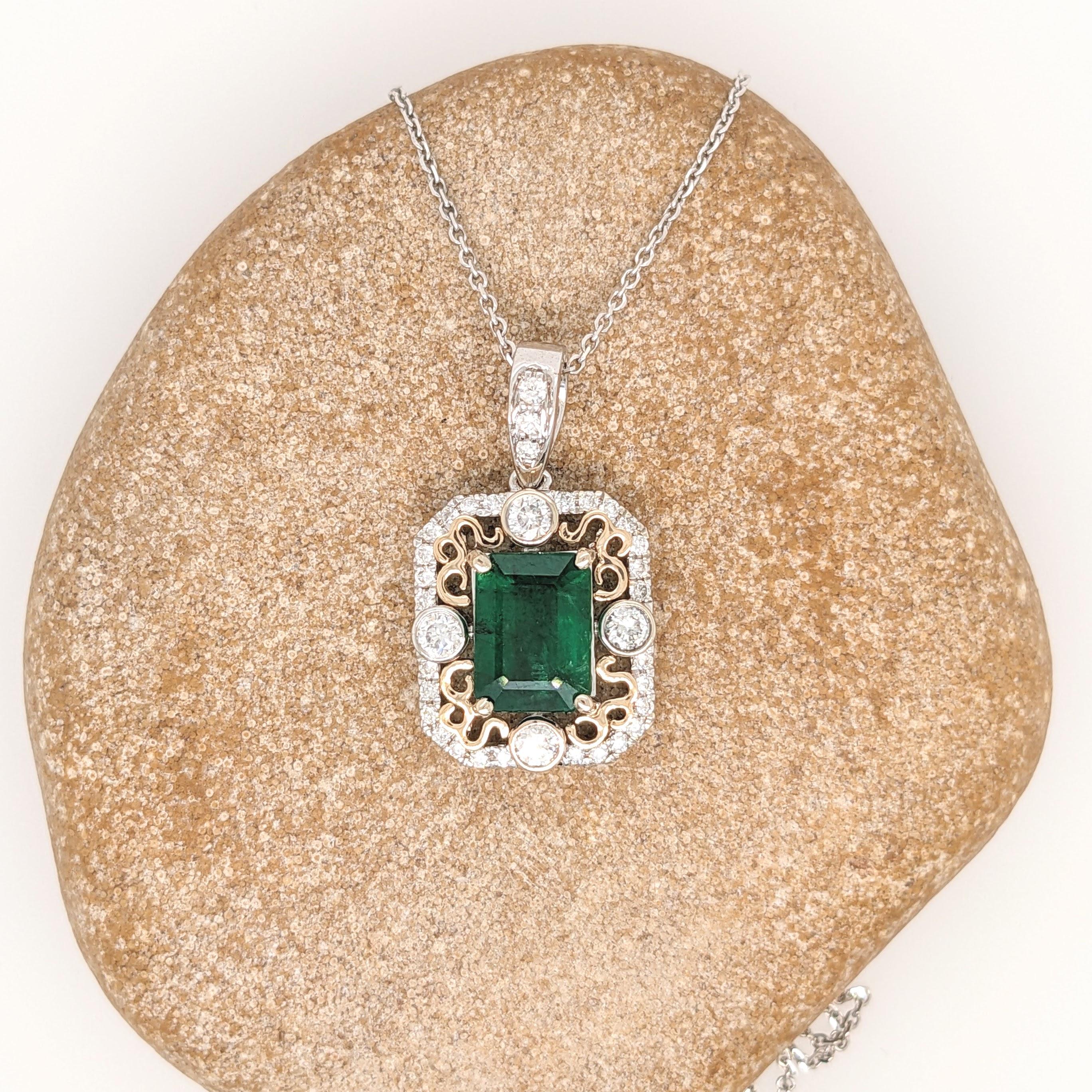 1.46 ct Emerald Filigree Pendant in Solid 14k Dual Tone Gold, Emerald Cut 9x7mm In New Condition For Sale In Columbus, OH