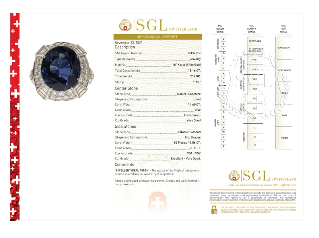 14.6 Ct Natural Sapphire Certified Diamond Ring 18K Gold, 1998 For Sale 4