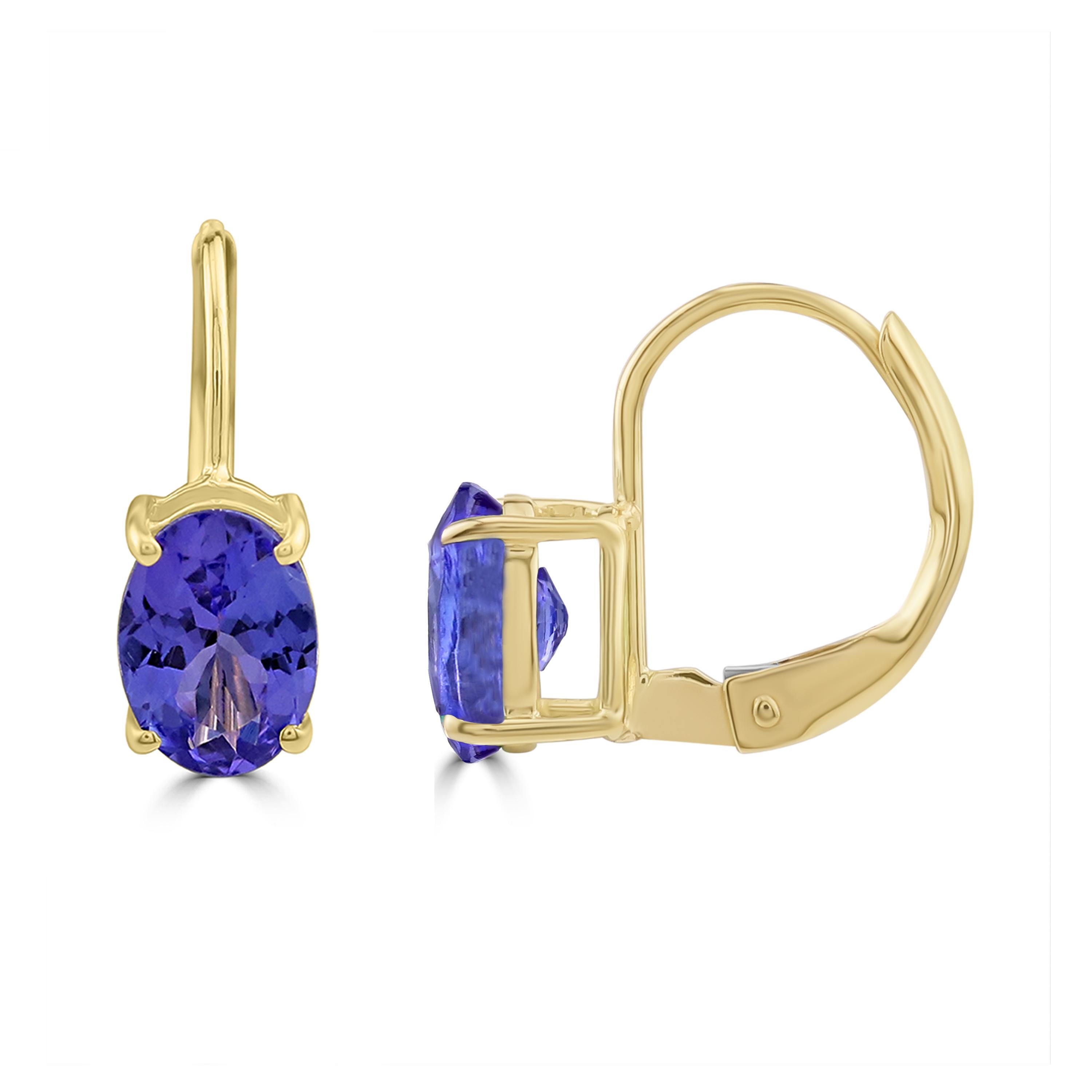 Contemporary Gemistry 1.46 Ct. T.W Oval Tanzanite Lever Back Drop Earrings in 14K Yellow Gold For Sale