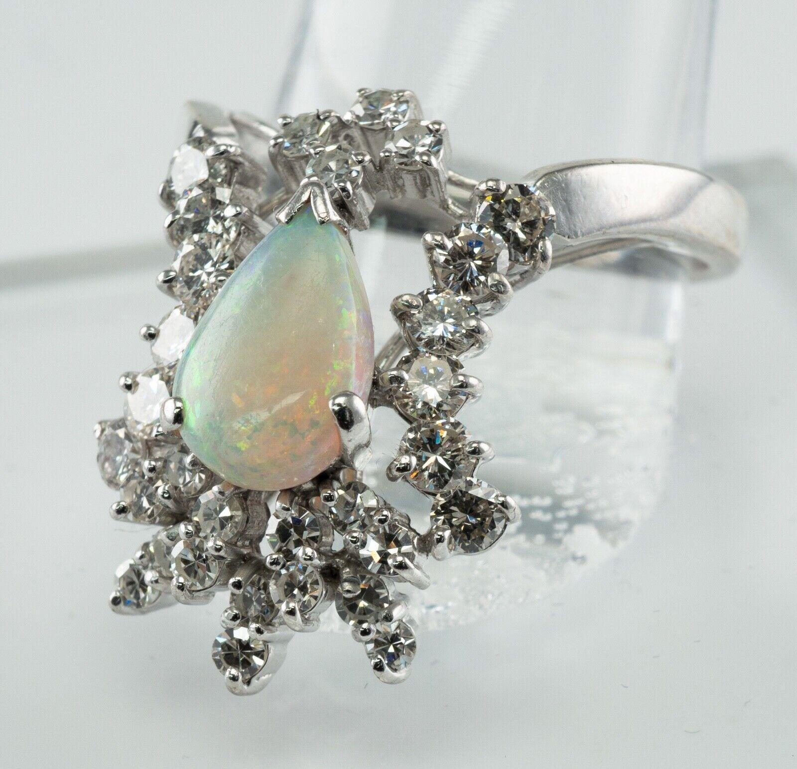 1.46 ctw Diamond Opal Ring Vintage 14K White Gold For Sale 5