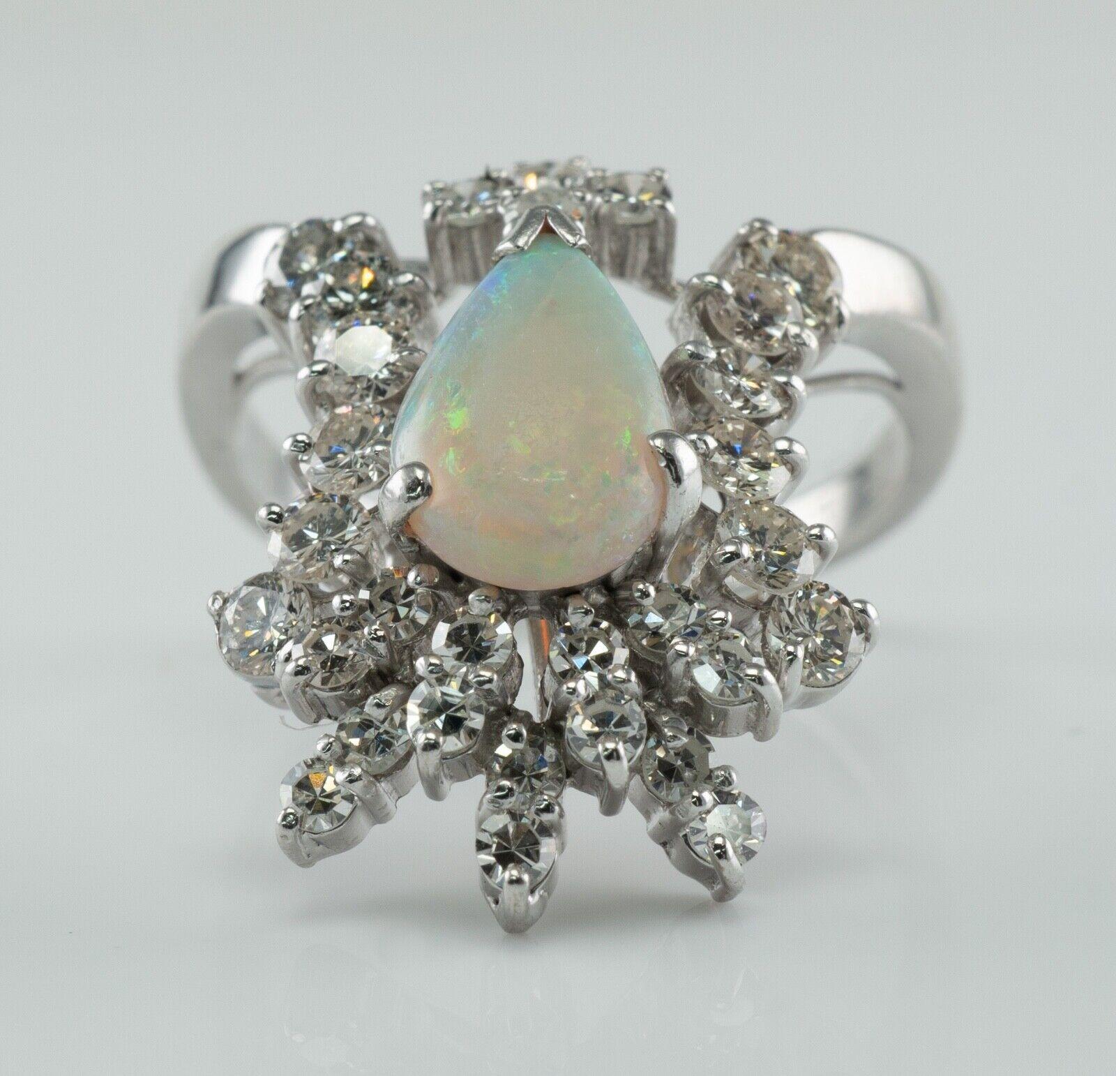 1.46 ctw Diamond Opal Ring Vintage 14K White Gold For Sale 6