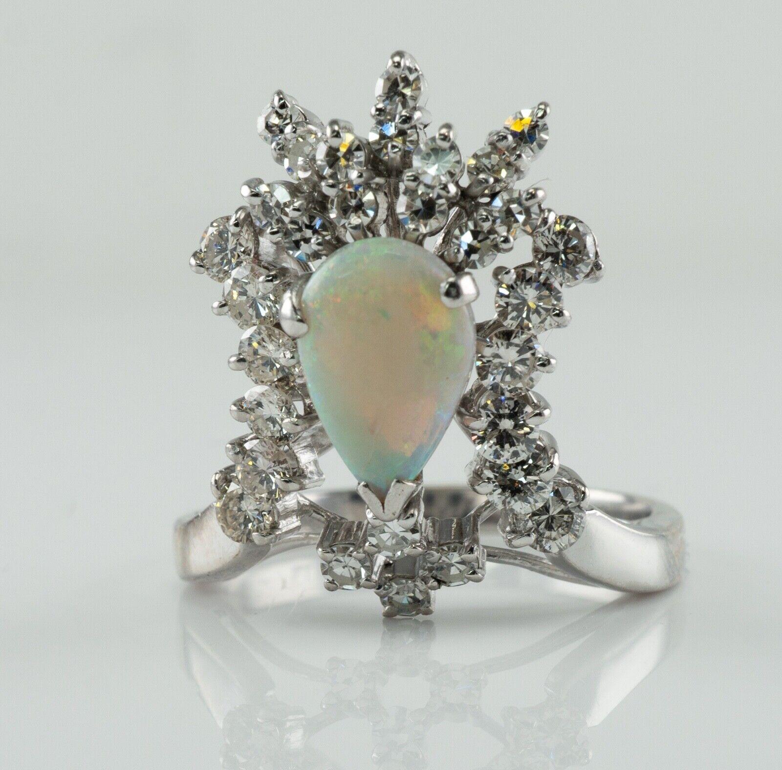 1.46 ctw Diamond Opal Ring Vintage 14K White Gold For Sale 2