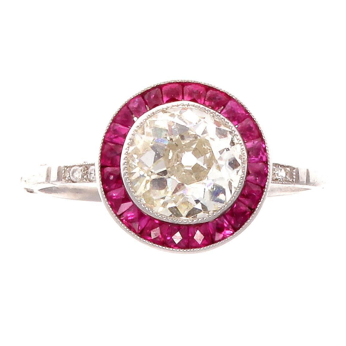 Art Deco 1.46 Diamond Ruby Platinum Engagement Ring