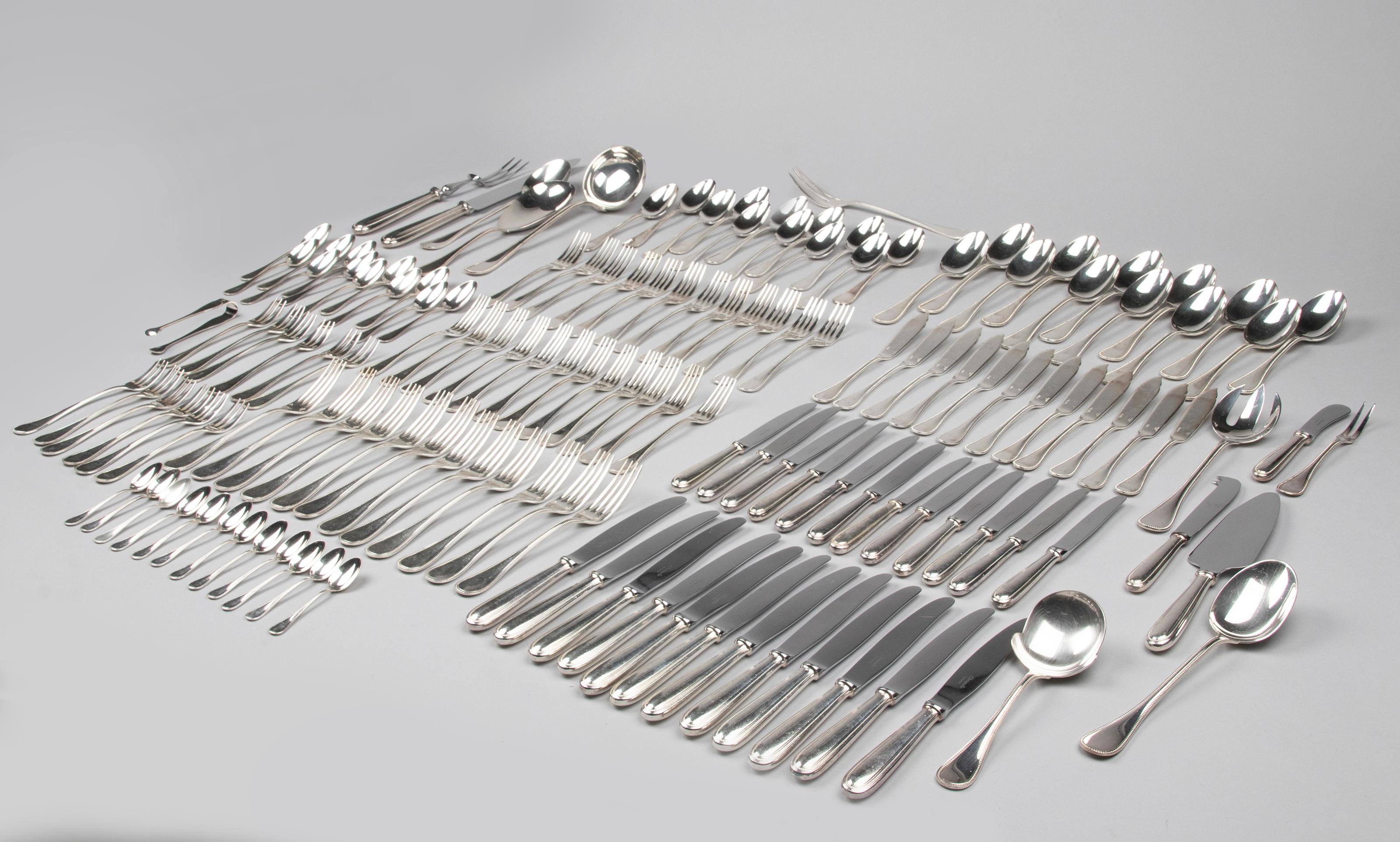 Late 20th Century 146-Piece Silver-Plated Christofle Flatware, Perles