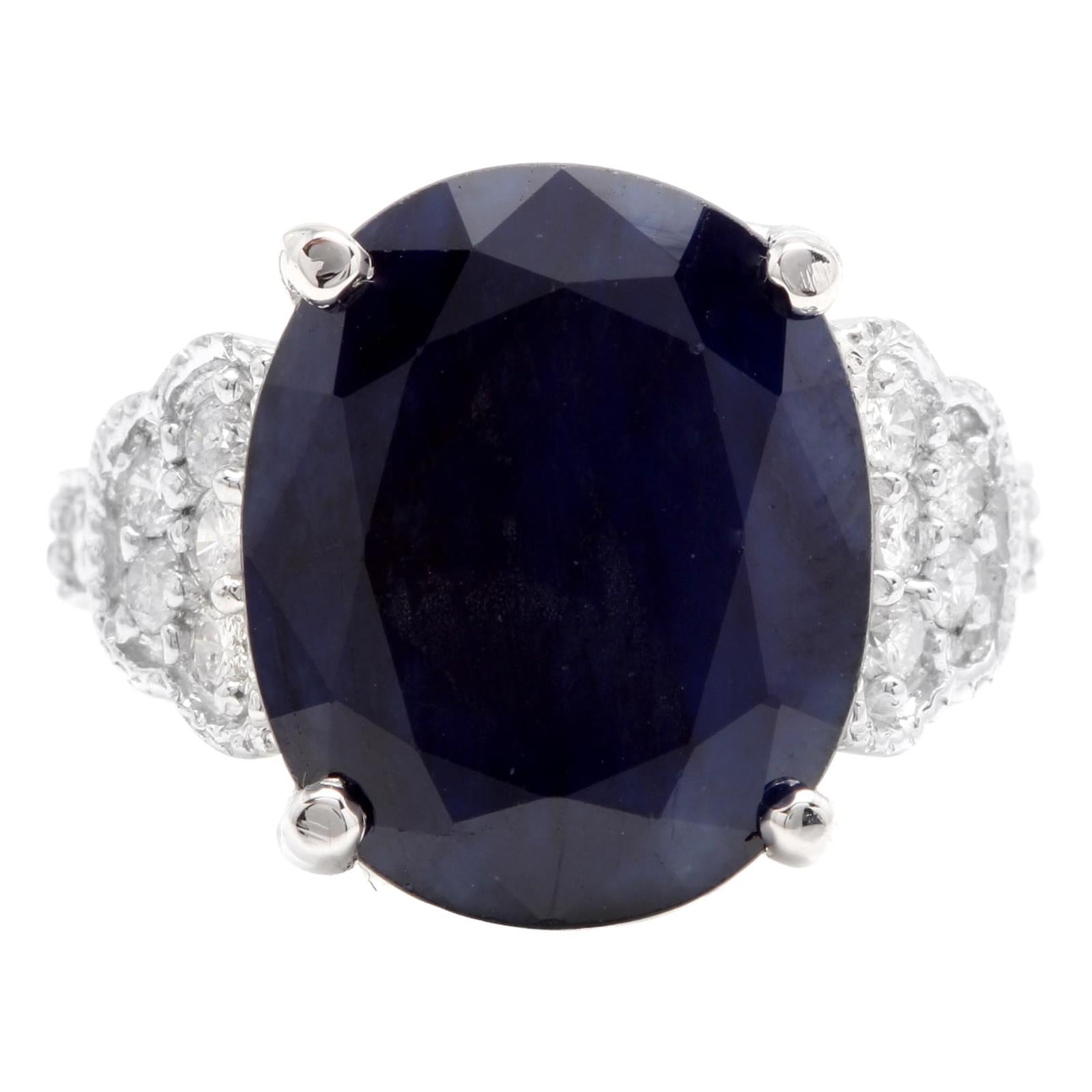 14.60 Carat Exquisite Natural Blue Sapphire and Diamond 14k Solid White Gold For Sale