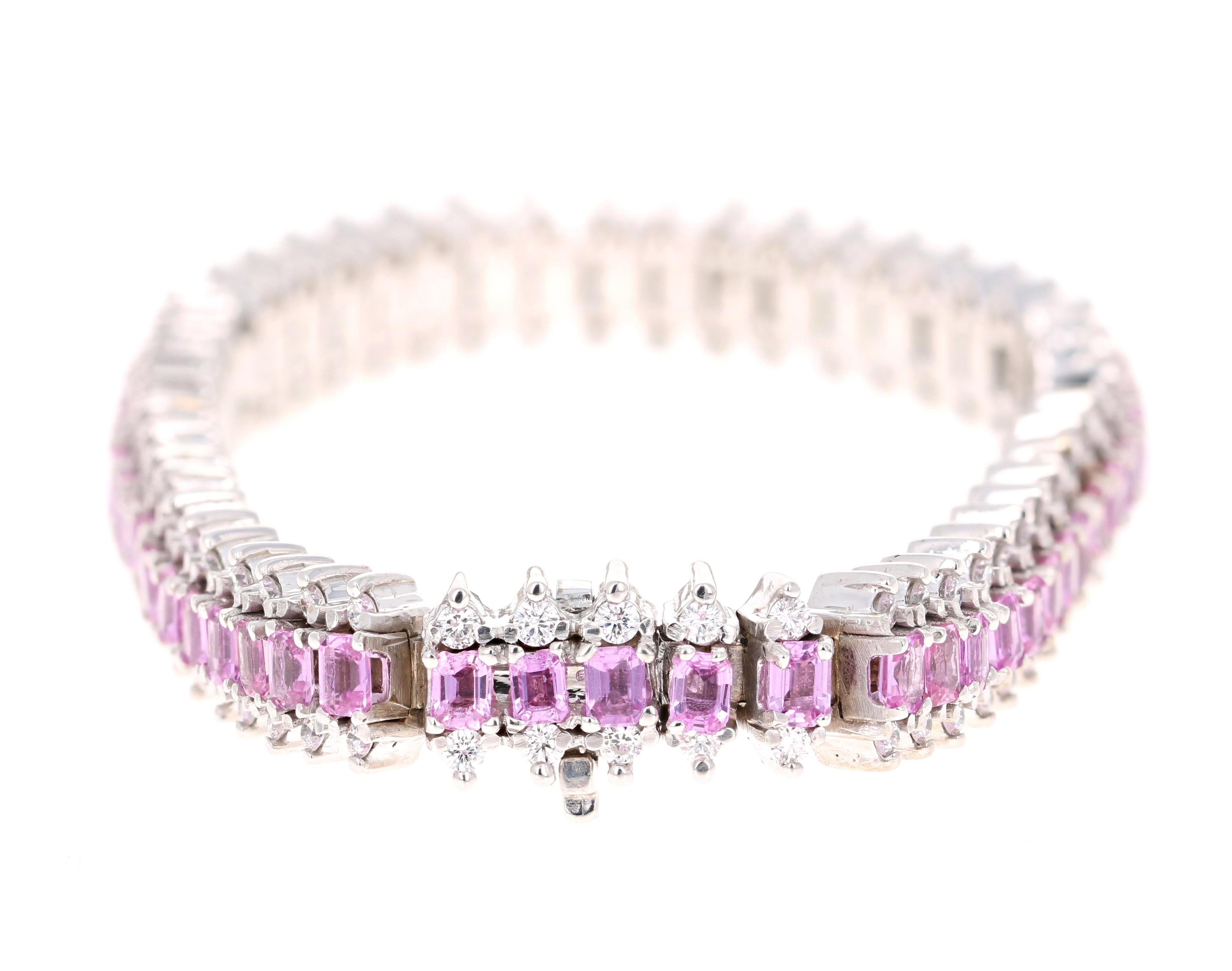  Pink Sapphire & Diamond Bracelet

This Bracelet has 52 Natural Emerald Cut Pink Sapphires that weigh 12.00 Carats. It also has 104 Round Cut Diamonds that weigh 2.60 Carats. The total carat weight of the bracelet is 14.60 Carats. (Clarity: VS,