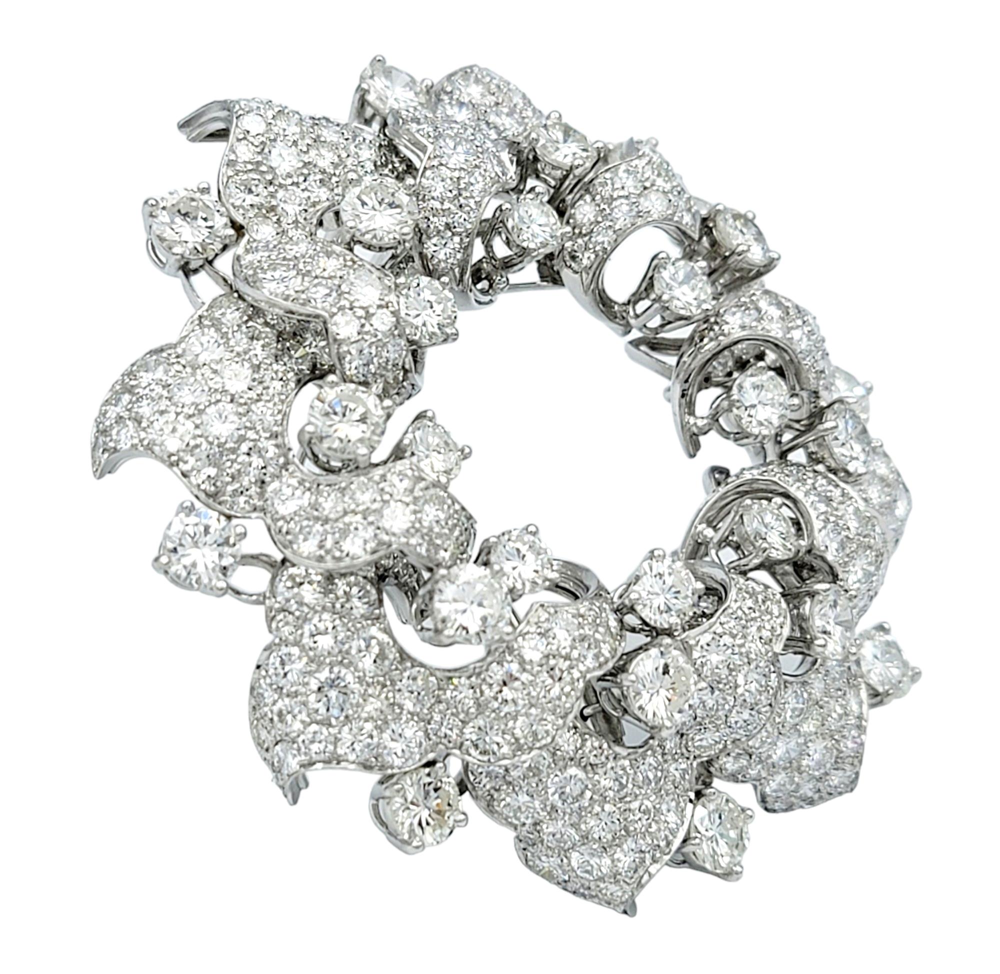 Contemporary 14.60 Carats Large Round Brilliant Diamond Wreath Motif Brooch Set in Platinum For Sale