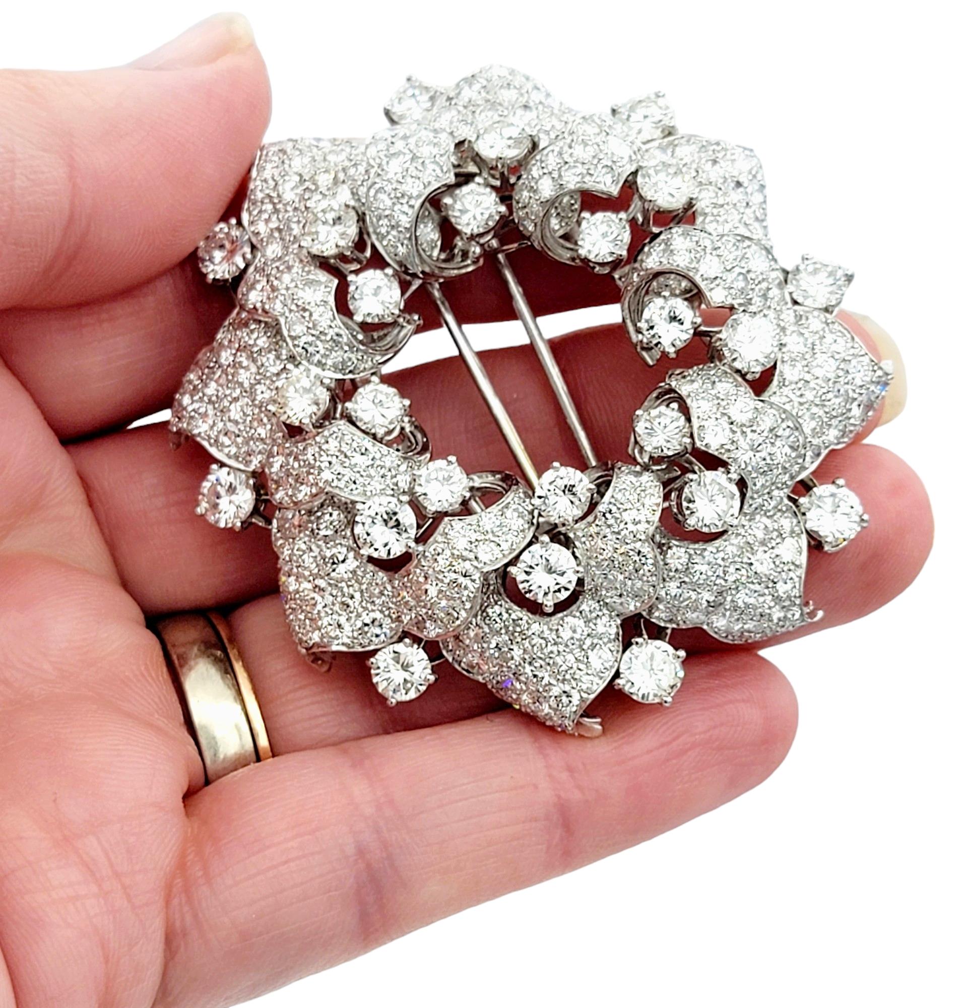 14.60 Carats Large Round Brilliant Diamond Wreath Motif Brooch Set in Platinum For Sale 2