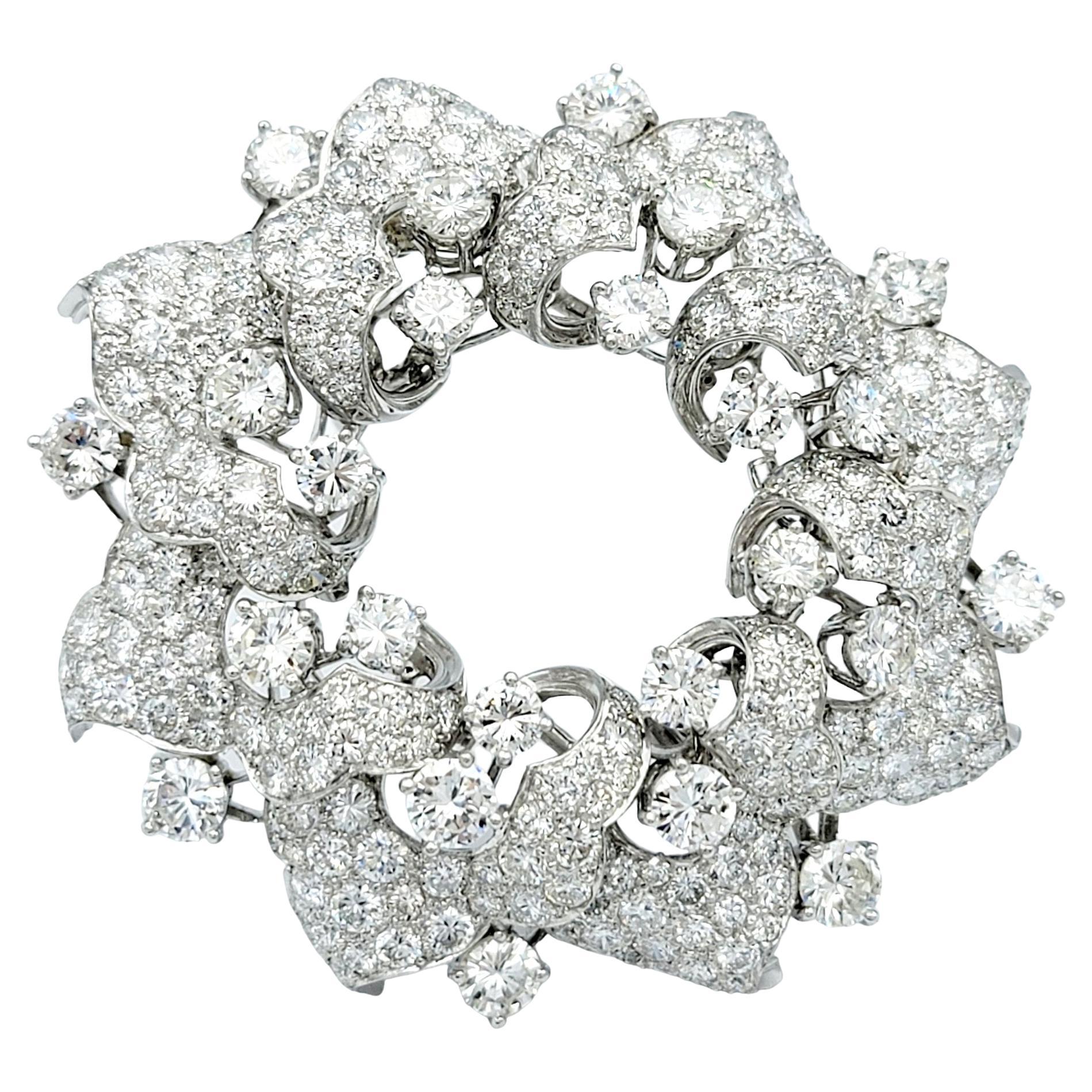 14.60 Carats Large Round Brilliant Diamond Wreath Motif Brooch Set in Platinum For Sale