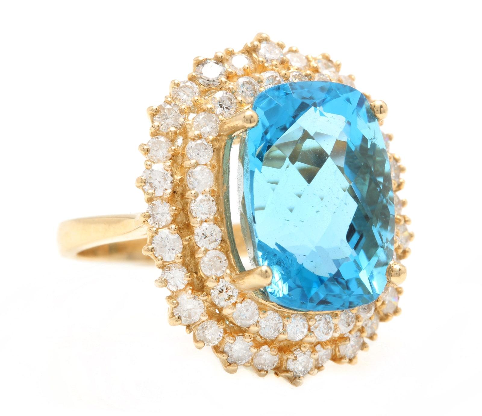 14.60 Carats Impressive Natural Swiss Blue Topaz and Diamond 14K Solid Yellow Gold Ring

Topaz Measures: Approx. 15.00 x 11.00mm

Natural Round Diamonds Weight: Approx. 1.60 Carats (color G-H / Clarity SI1-SI2)

Ring size: 6 (free re-sizing