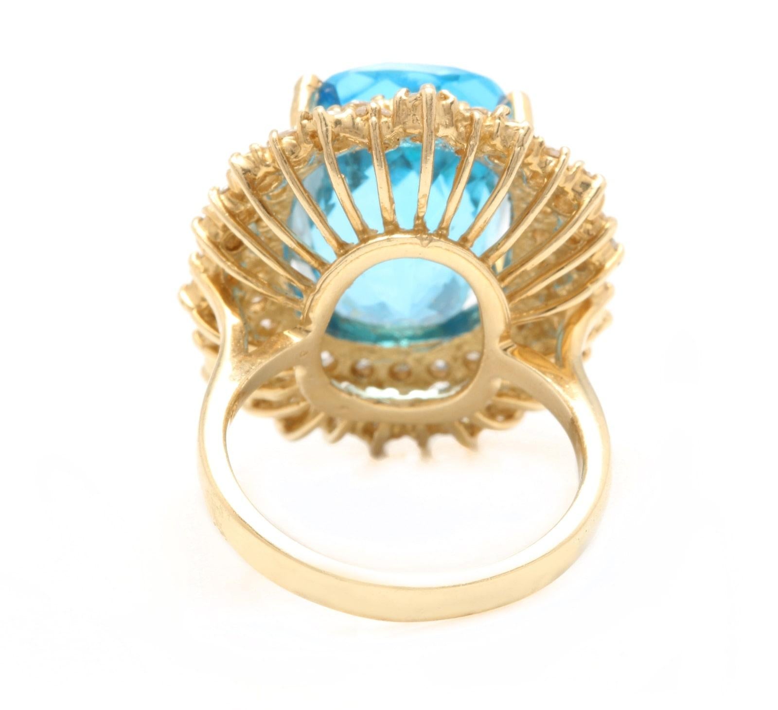 14.60 Carats Natural Swiss Blue Topaz & Diamond 14K Solid Yellow Gold Ring In New Condition For Sale In Los Angeles, CA