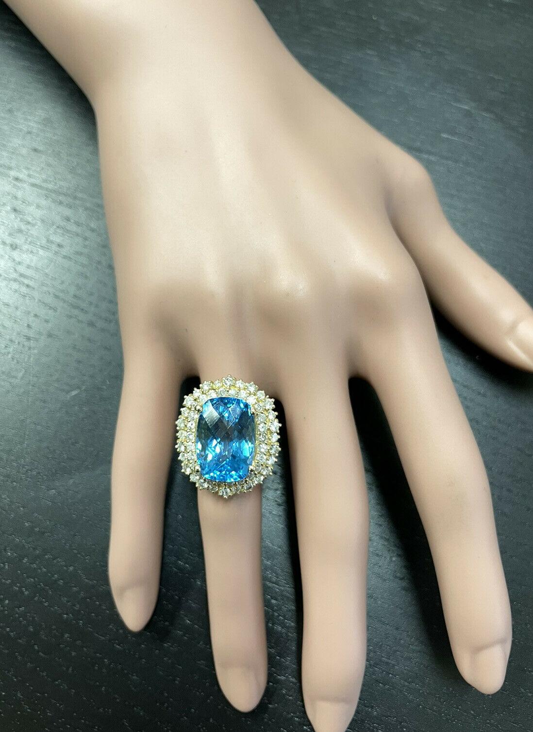 14.60 Carats Natural Swiss Blue Topaz & Diamond 14K Solid Yellow Gold Ring For Sale 2