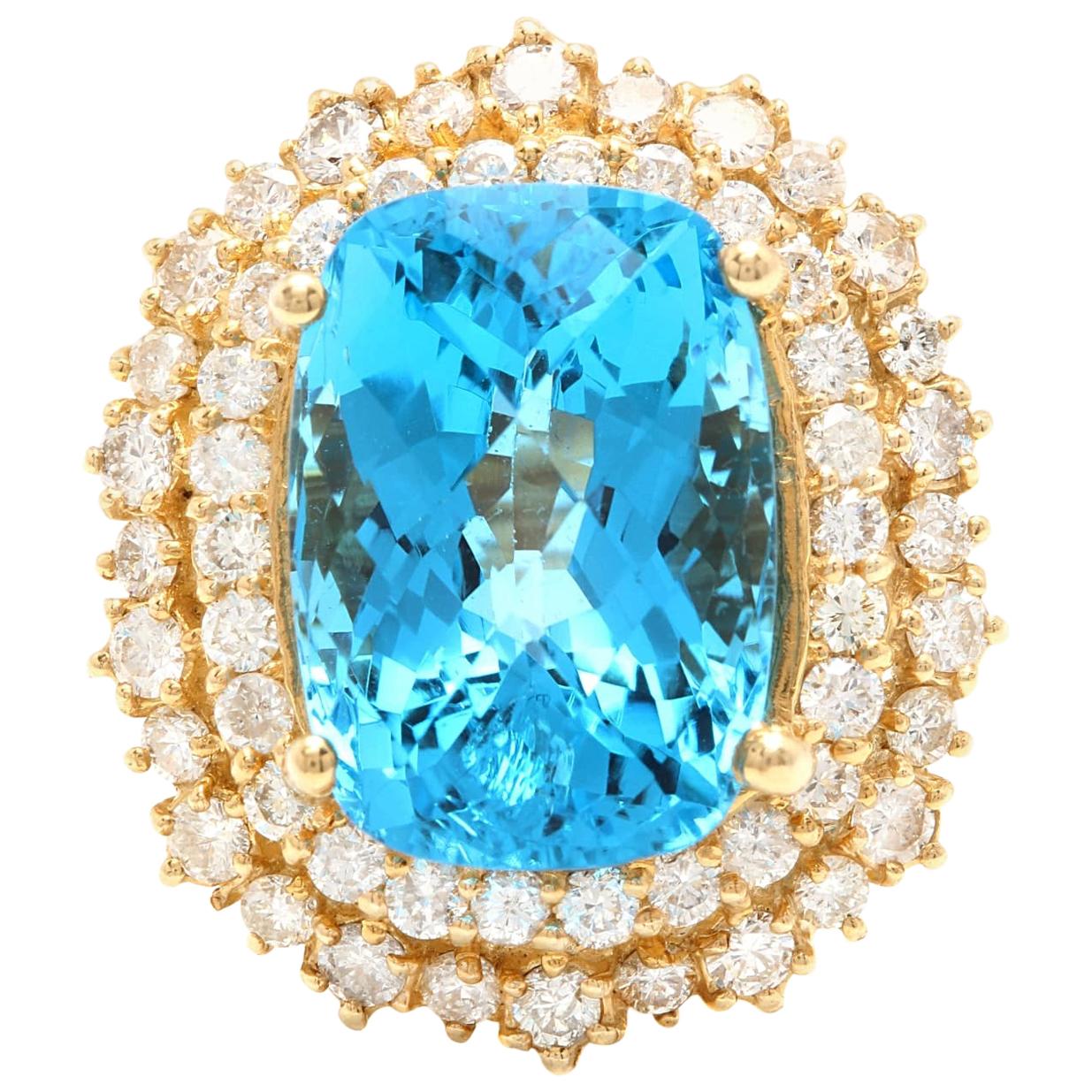 Bague en or jaune massif 14 carats avec topaze bleue naturelle suisse de 14,60 carats et diamants