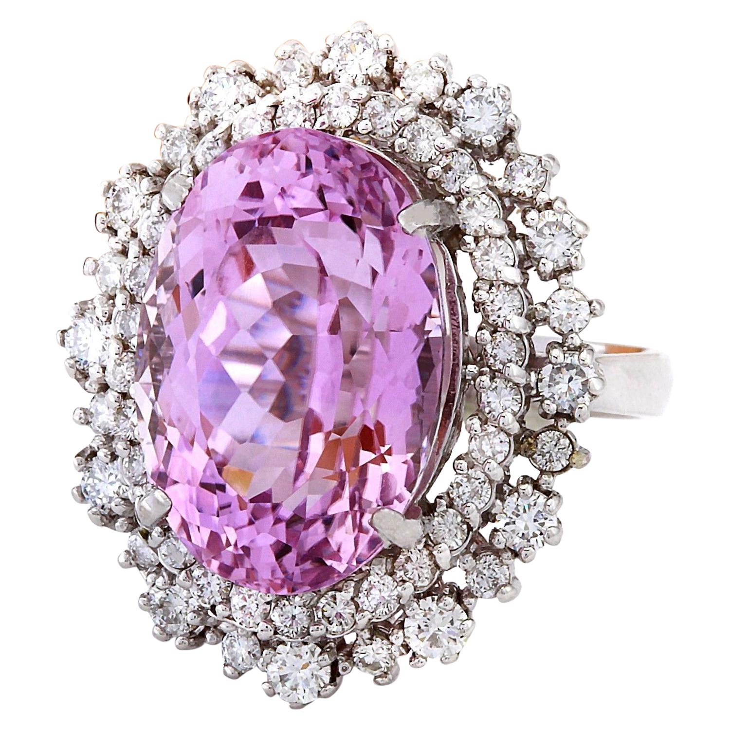 14.61 Carat Natural Kunzite 14K Solid White Gold Diamond Ring
 Item Type: Ring
 Item Style: Cocktail
 Material: 14K White Gold
 Mainstone: Kunzite
 Stone Color: Pink
 Stone Weight: 13.21 Carat
 Stone Shape: Oval
 Stone Quantity: 1
 Stone Dimensions: