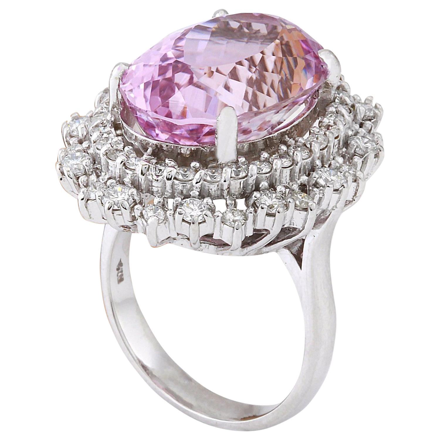 Oval Cut Natural Kunzite Diamond Ring In 14 Karat Solid White Gold  For Sale
