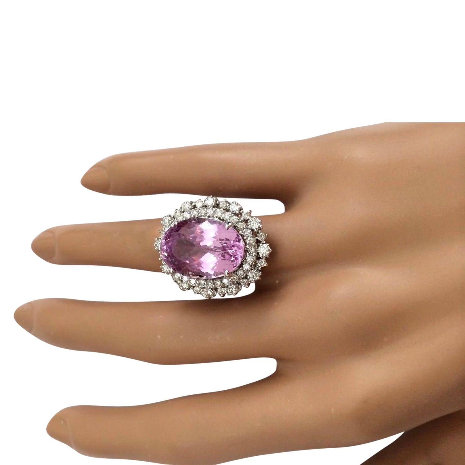 Natural Kunzite Diamond Ring In 14 Karat Solid White Gold  In New Condition For Sale In Los Angeles, CA