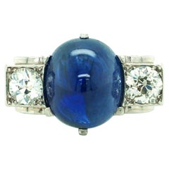 Vintage 14.61 Carat Cabochon Sapphire Diamond Ring, AGL
