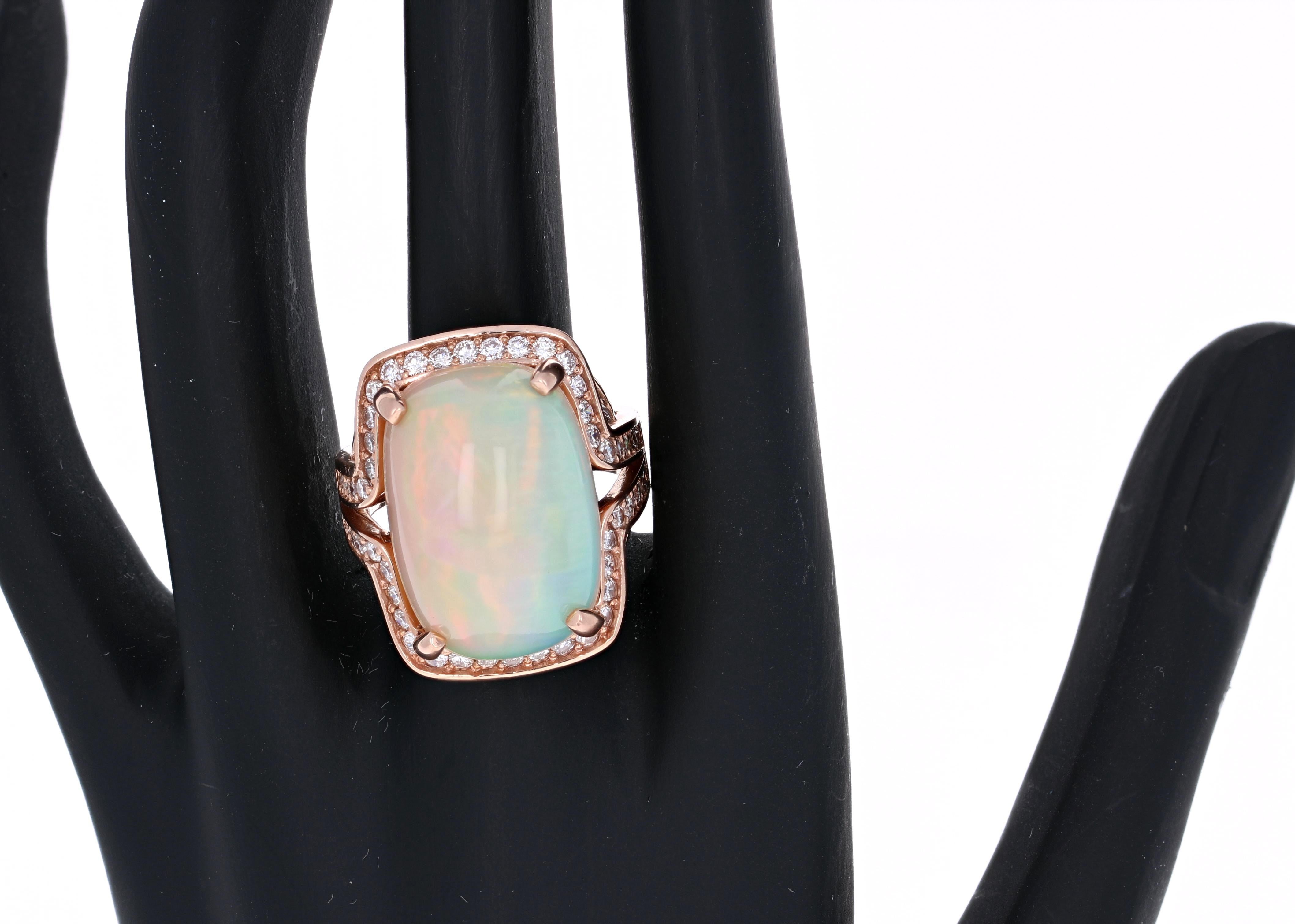 Oval Cut 14.63 Carat Opal Diamond 14 Karat Rose Gold Statement Ring For Sale